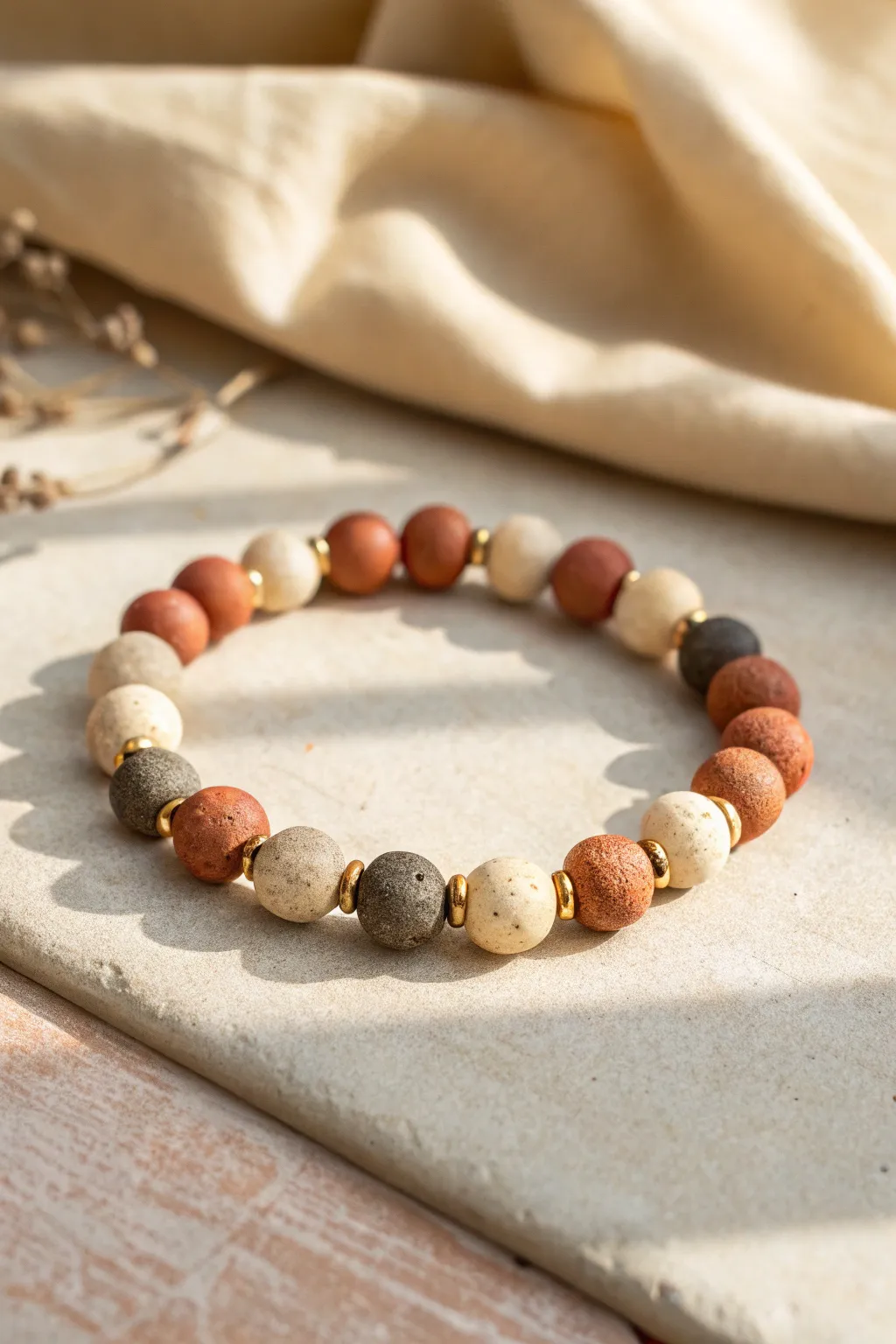 Warm neutral clay bead bracelet in cream, tan, terracotta and charcoal for a pottery studio look