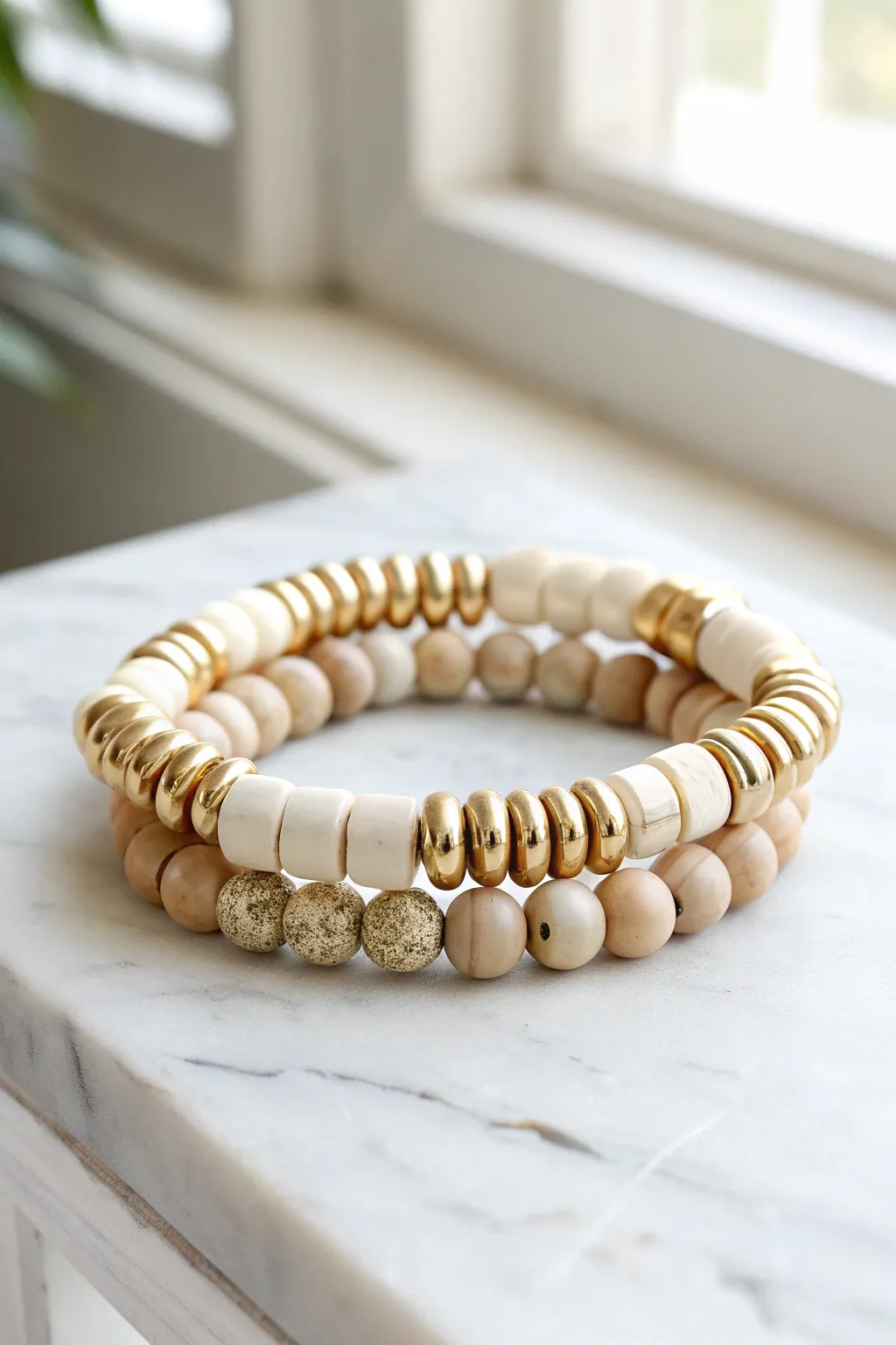 Gold spacer bead stack with neutral heishi accents for a polished grown-up clay bracelet look.