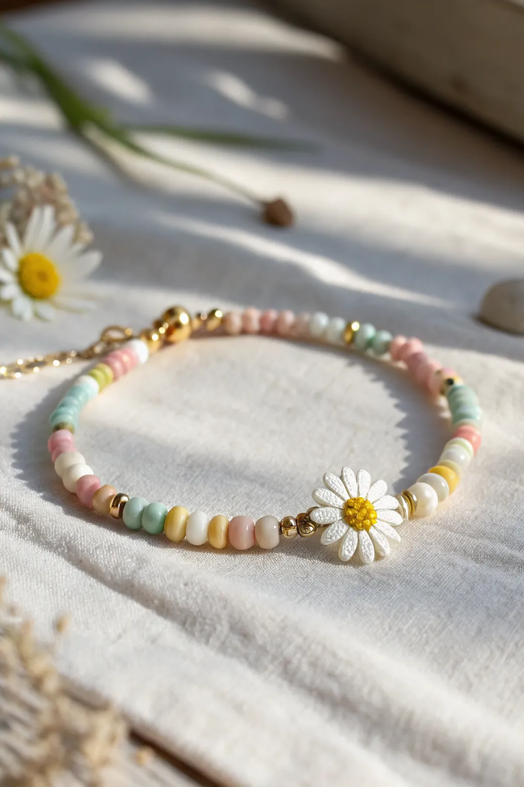 Tiny daisy focal beads meet pastel heishi clay for a fresh, minimal summer bracelet
