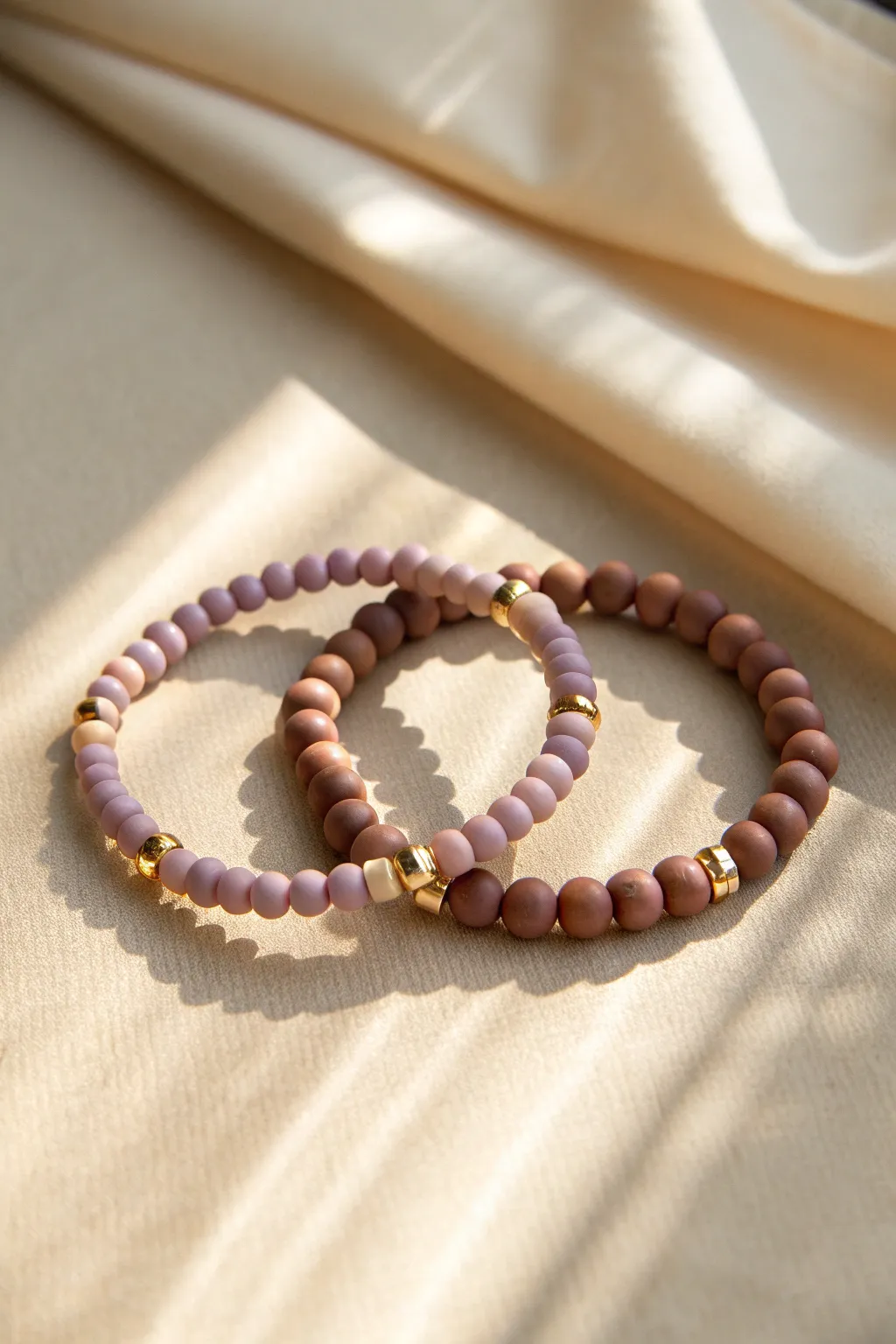 Desert at dusk clay bead bracelet duo in dusty mauve, sand, muted lavender, warm brown tones.