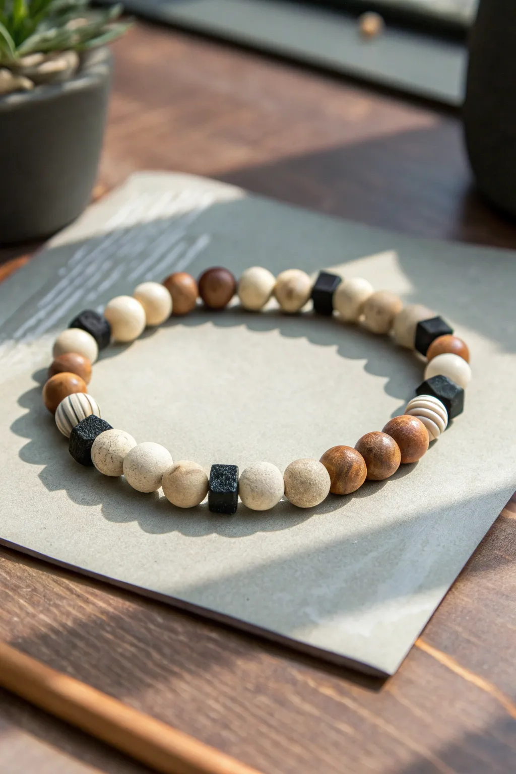 Neutral geometric clay bead bracelet for men with clean lines and modern Scandinavian vibe.
