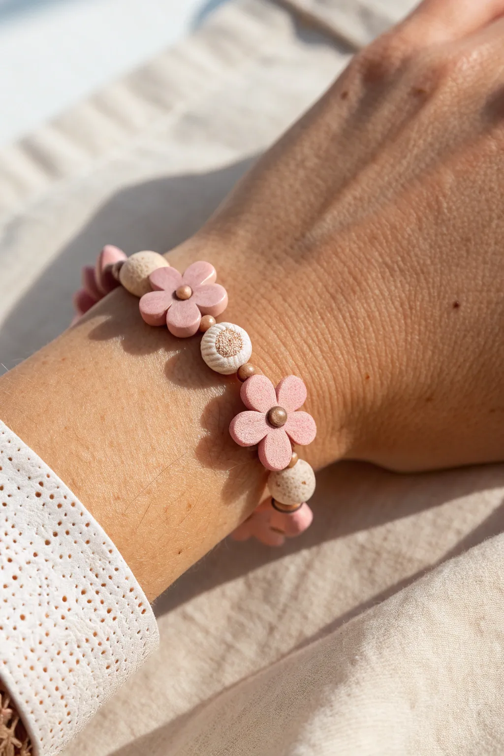 Pink floral clay bead bracelet with tiny bloom accents, minimalist and softly boho.