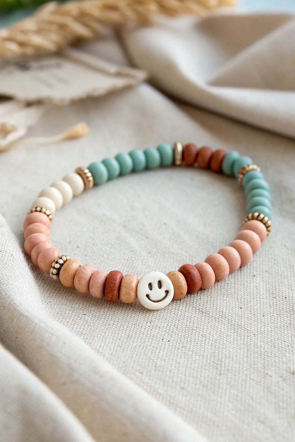 Half warm, half cool clay bead bracelet with a centered smiley divider, minimal and modern