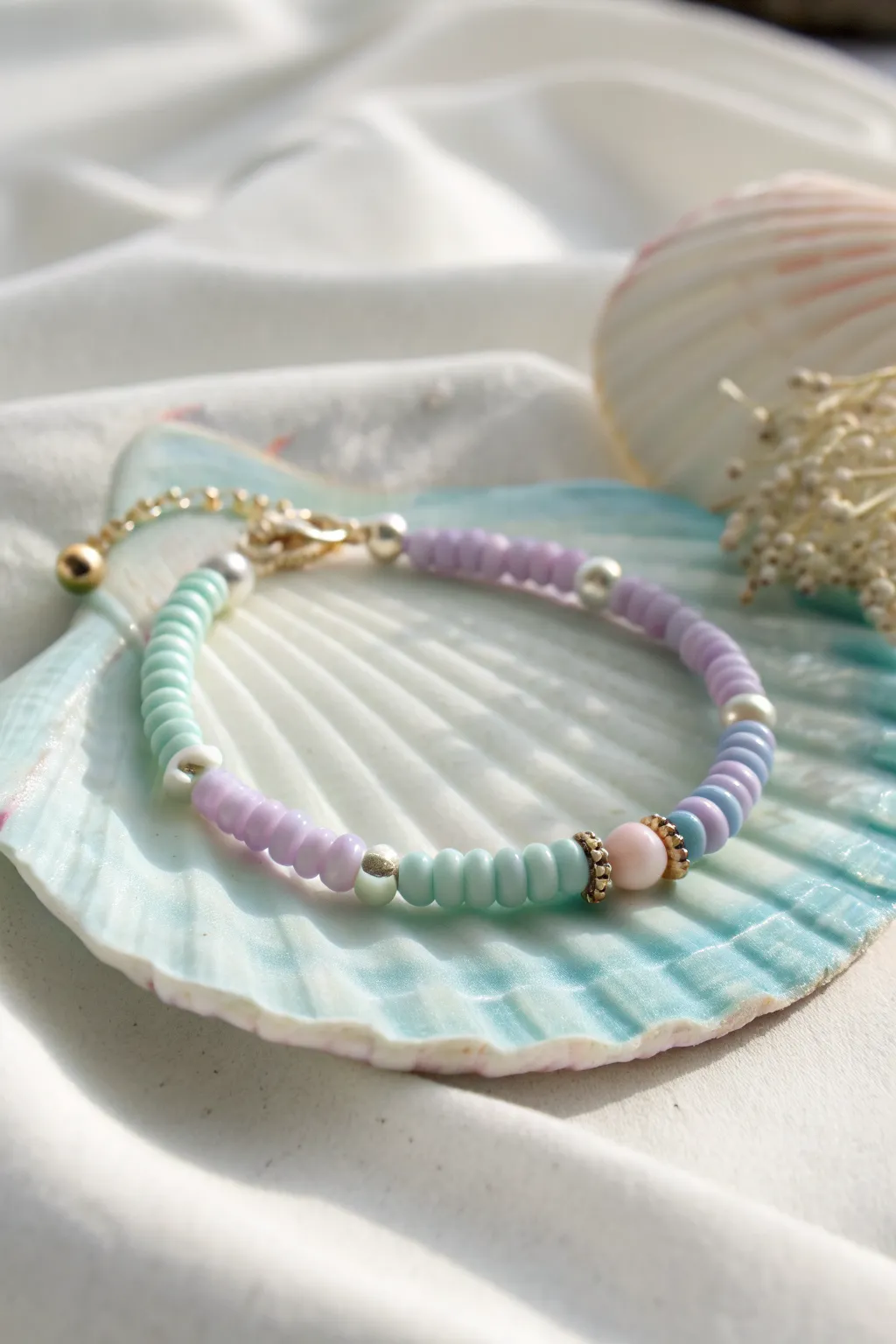 Mermaid pastels meet beachy shine in this easy clay heishi bracelet for summer days.