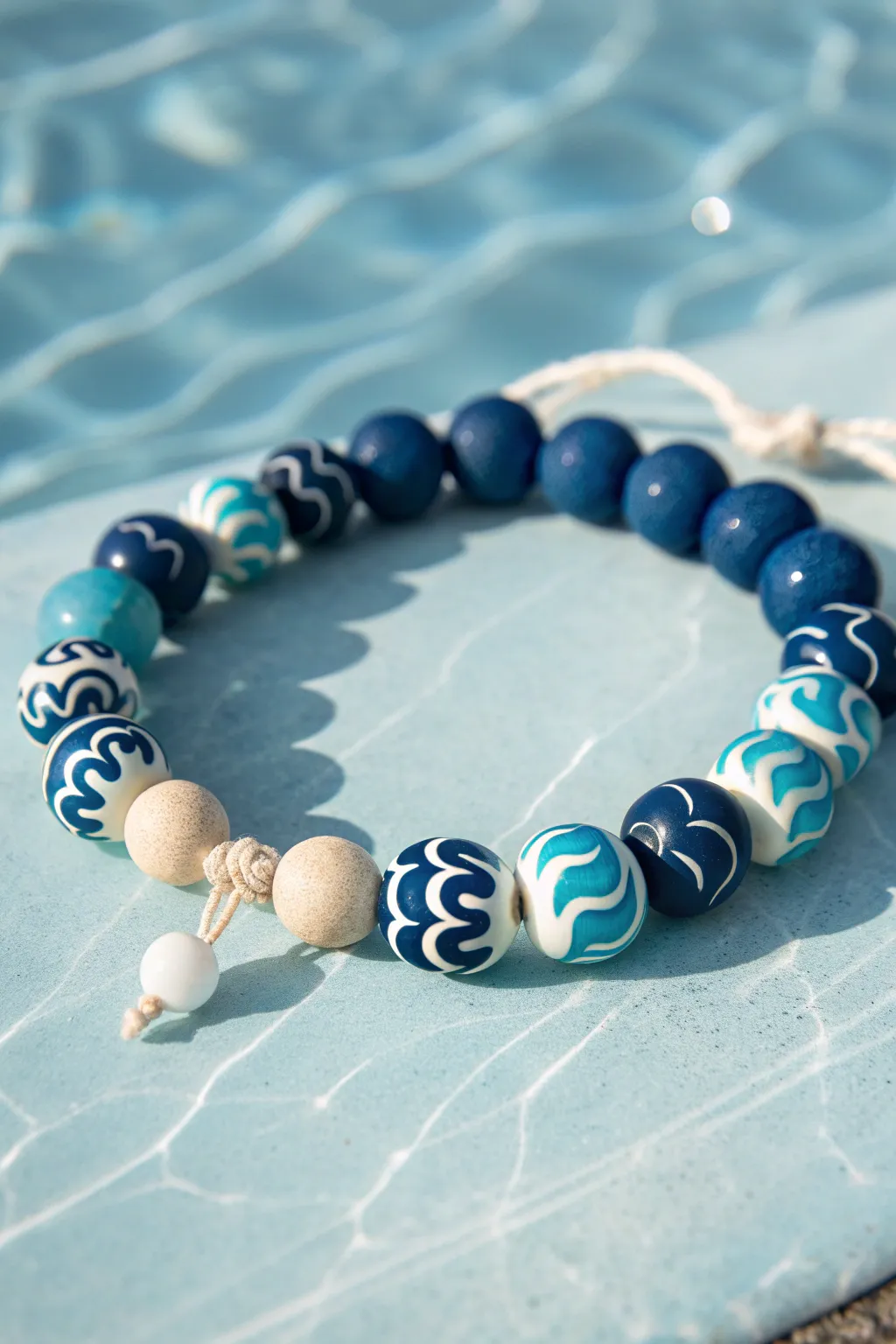 Ocean wave clay bead bracelet in alternating blues and white, clean minimalist summer vibe