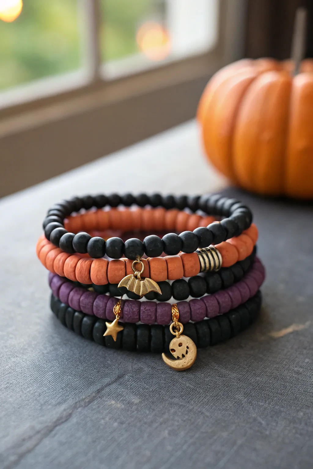 Halloween heishi bead stack in black, orange, and purple with tiny spooky accents to sell.