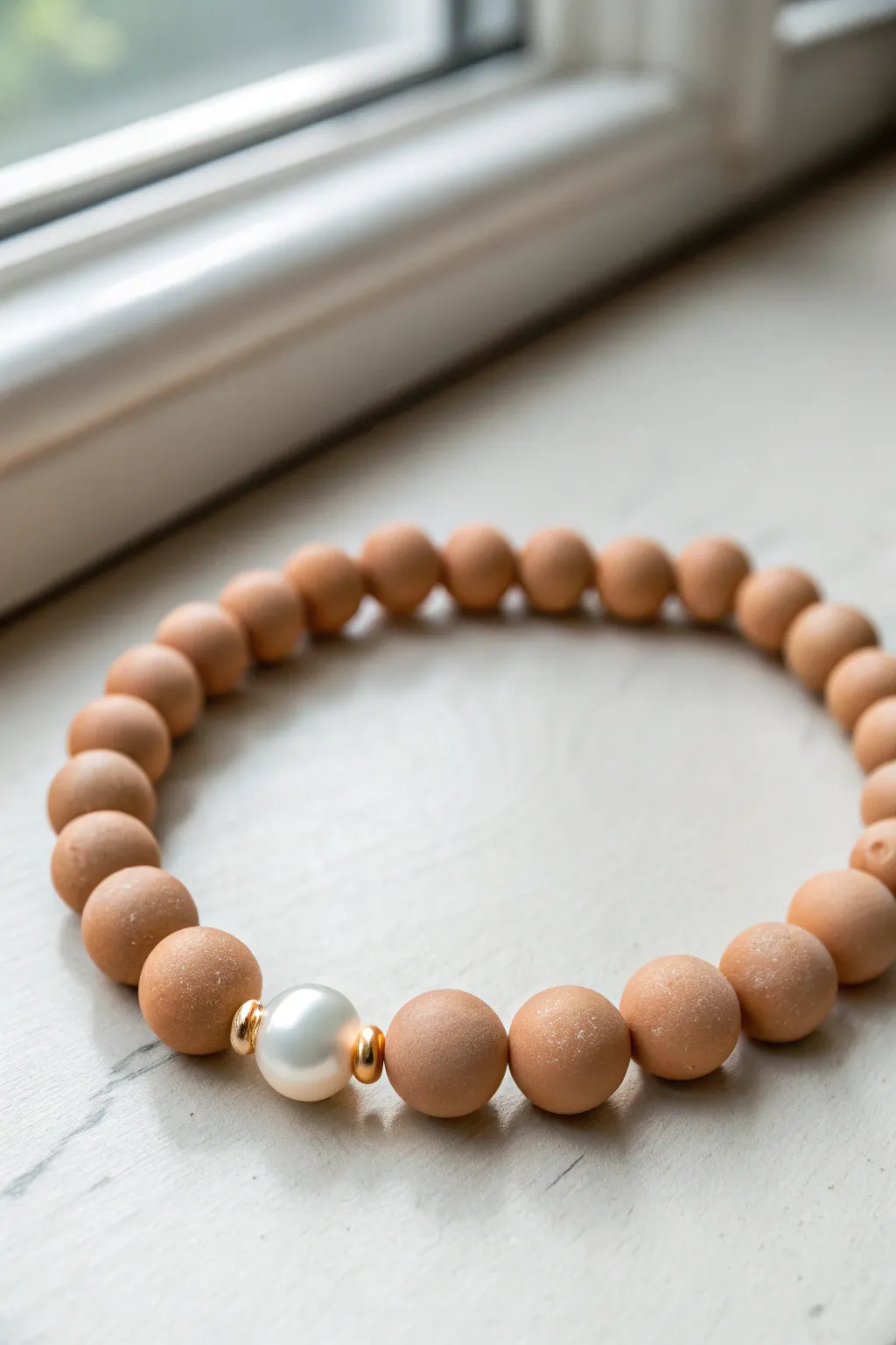 Graduated pearl bracelet with matching clay beads, minimalist and boho, softly lit close-up.