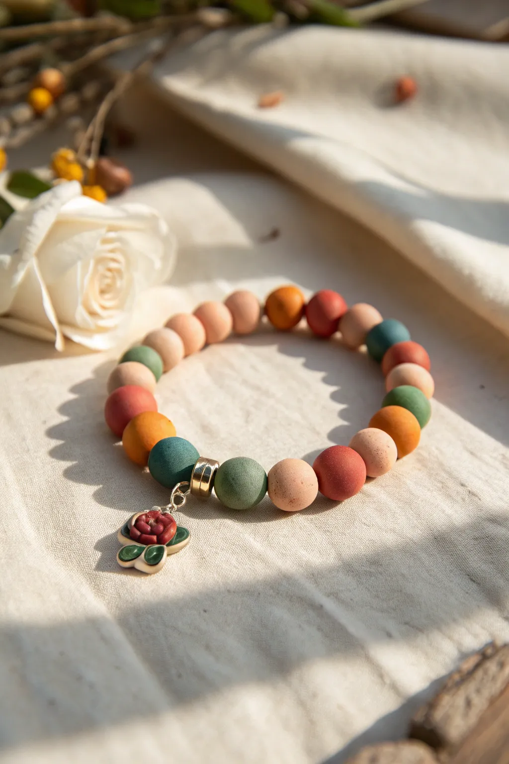 Coordinated clay bead bracelet with a colorful charm, modern boho palette and no white spacers