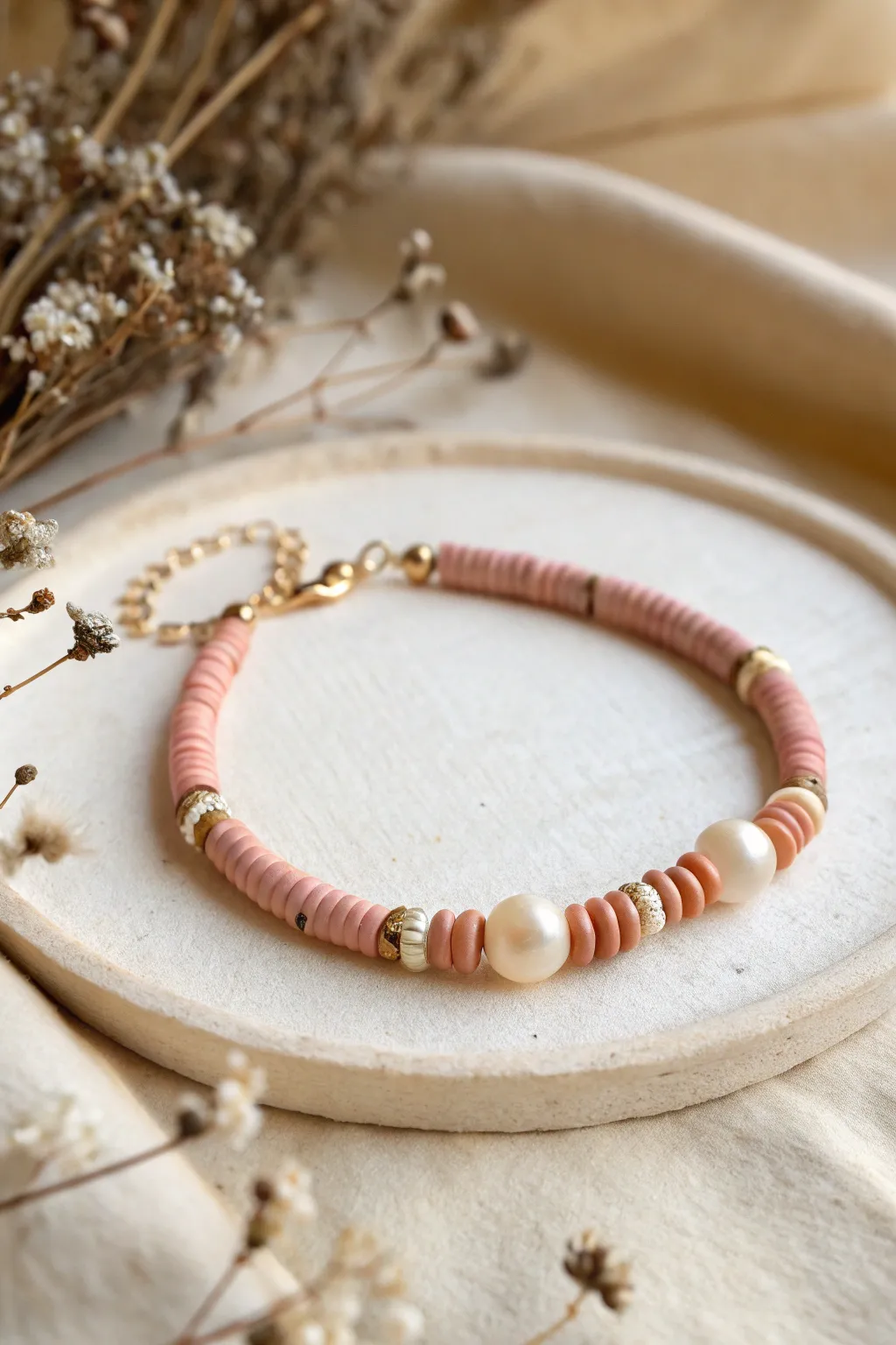 Matte heishi clay beads meet glossy pearls in a soft repeat pattern, minimalist and beautifully tactile.