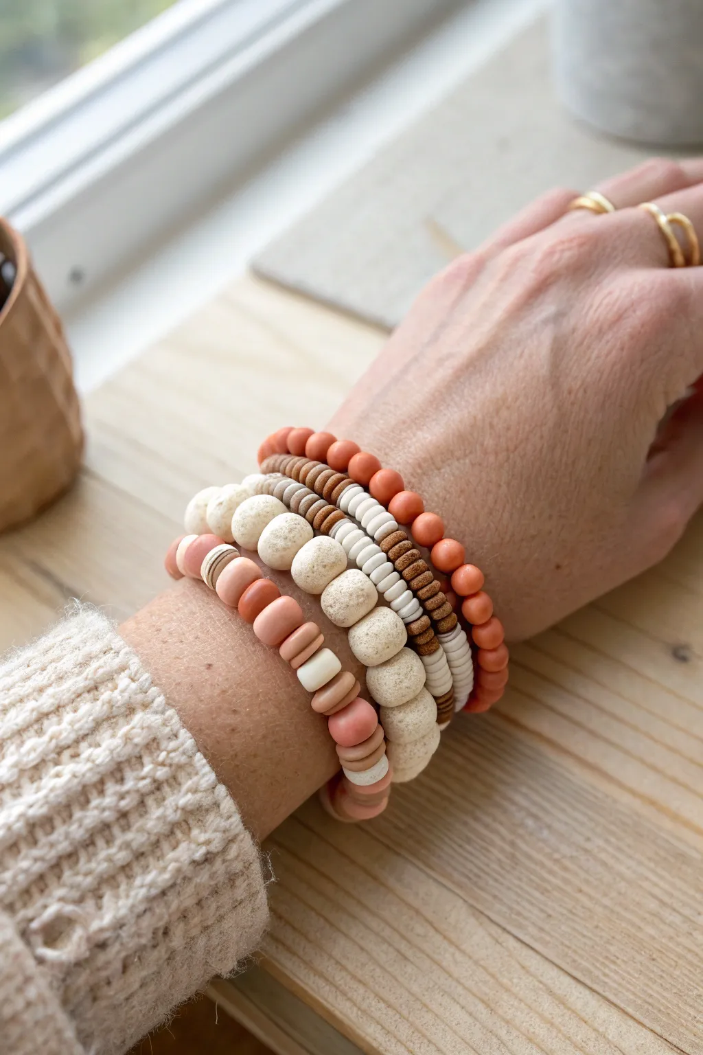 Mixed-thickness heishi bracelet stack in soft neutrals, showcasing texture and handmade charm.