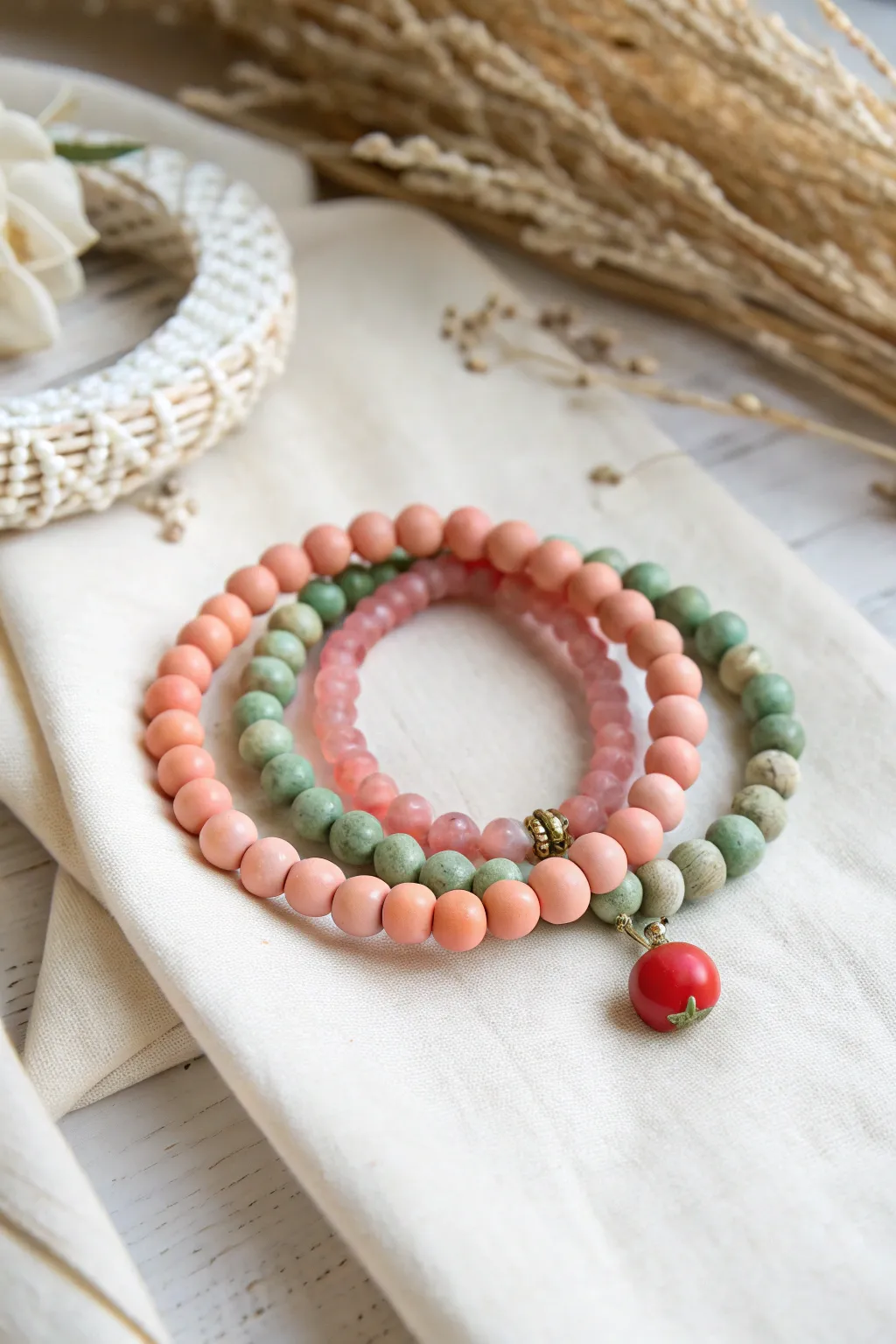Fruit-toned clay bead bracelet stack with a sweet tiny charm for a fresh color story