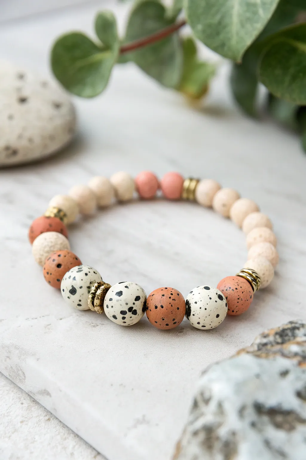 Terrazzo-inspired speckled clay bead bracelet with minimalist boho charm on stone surface.