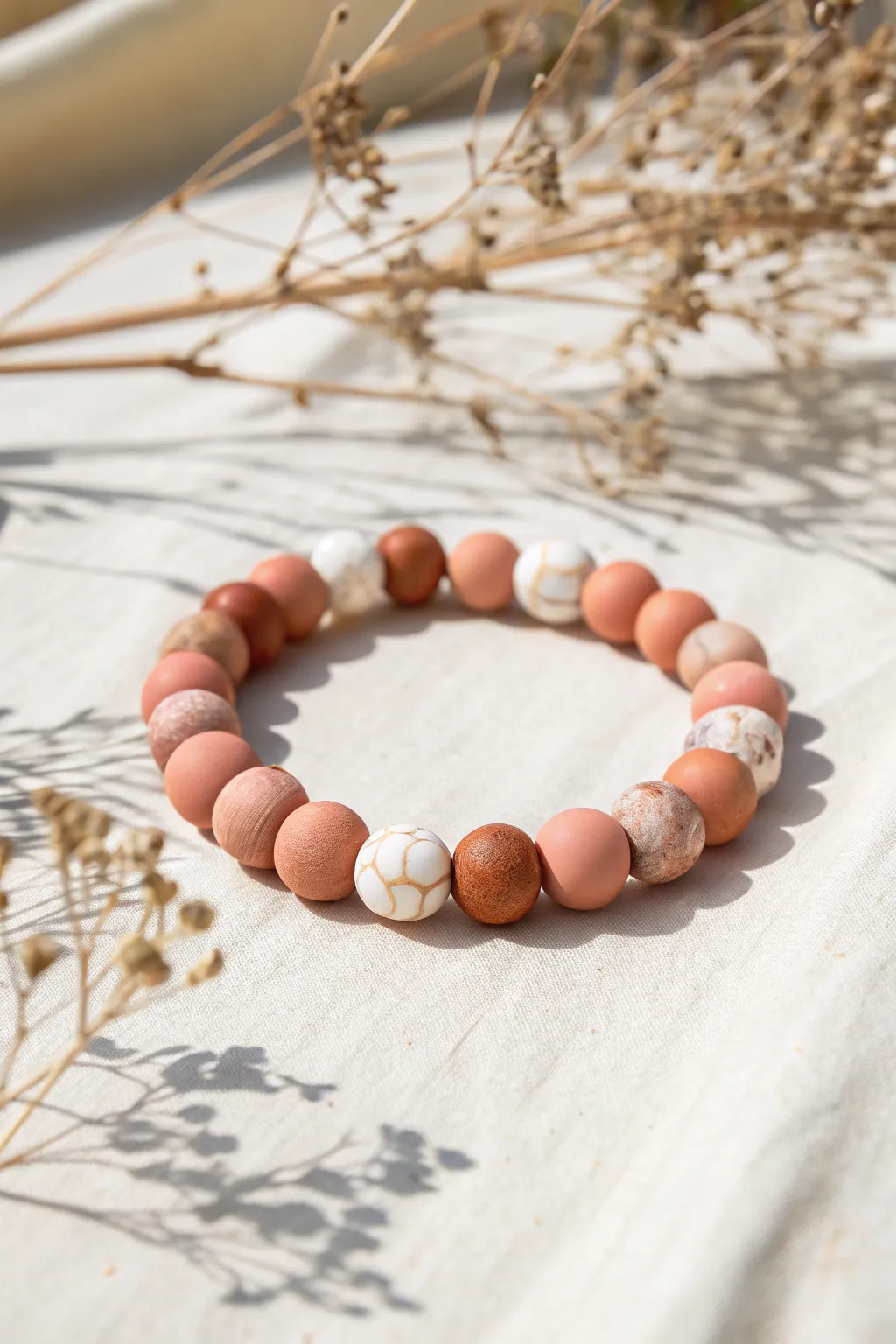 Marble-swirled beads bridge blush and terracotta, creating a smooth, cohesive bracelet palette.