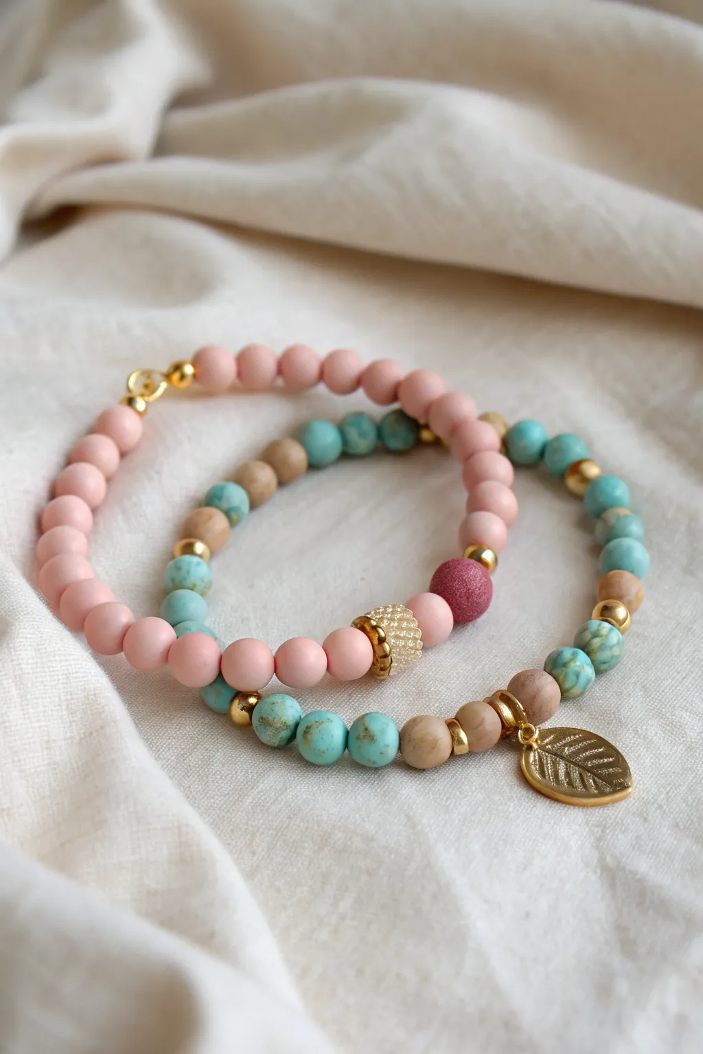 Blush and teal clay bead bracelets as a simple split best-friends set with matching center spacers.