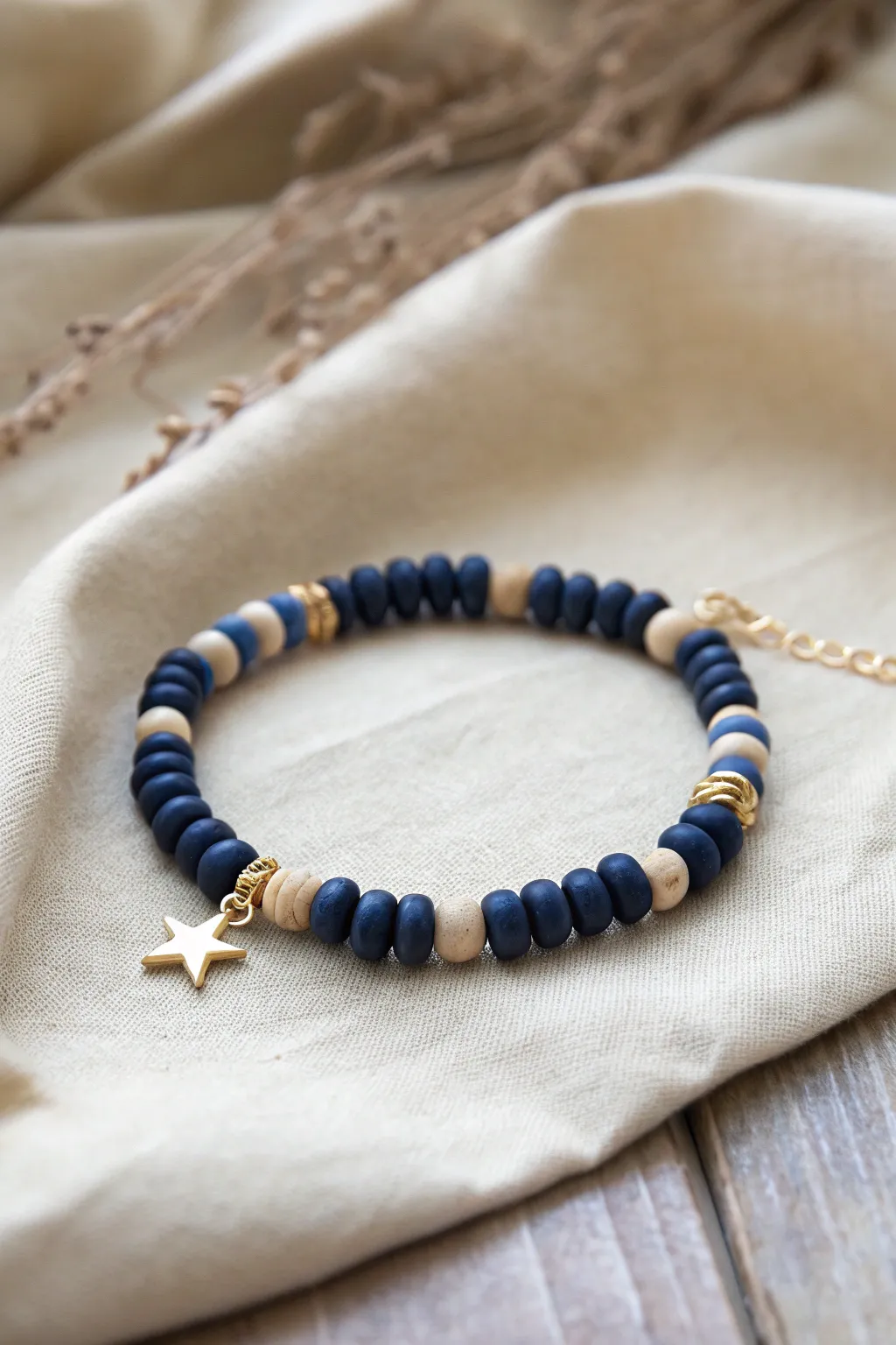 Midnight galaxy blues: a handmade clay disc bracelet with tiny star accents, calm and bold.