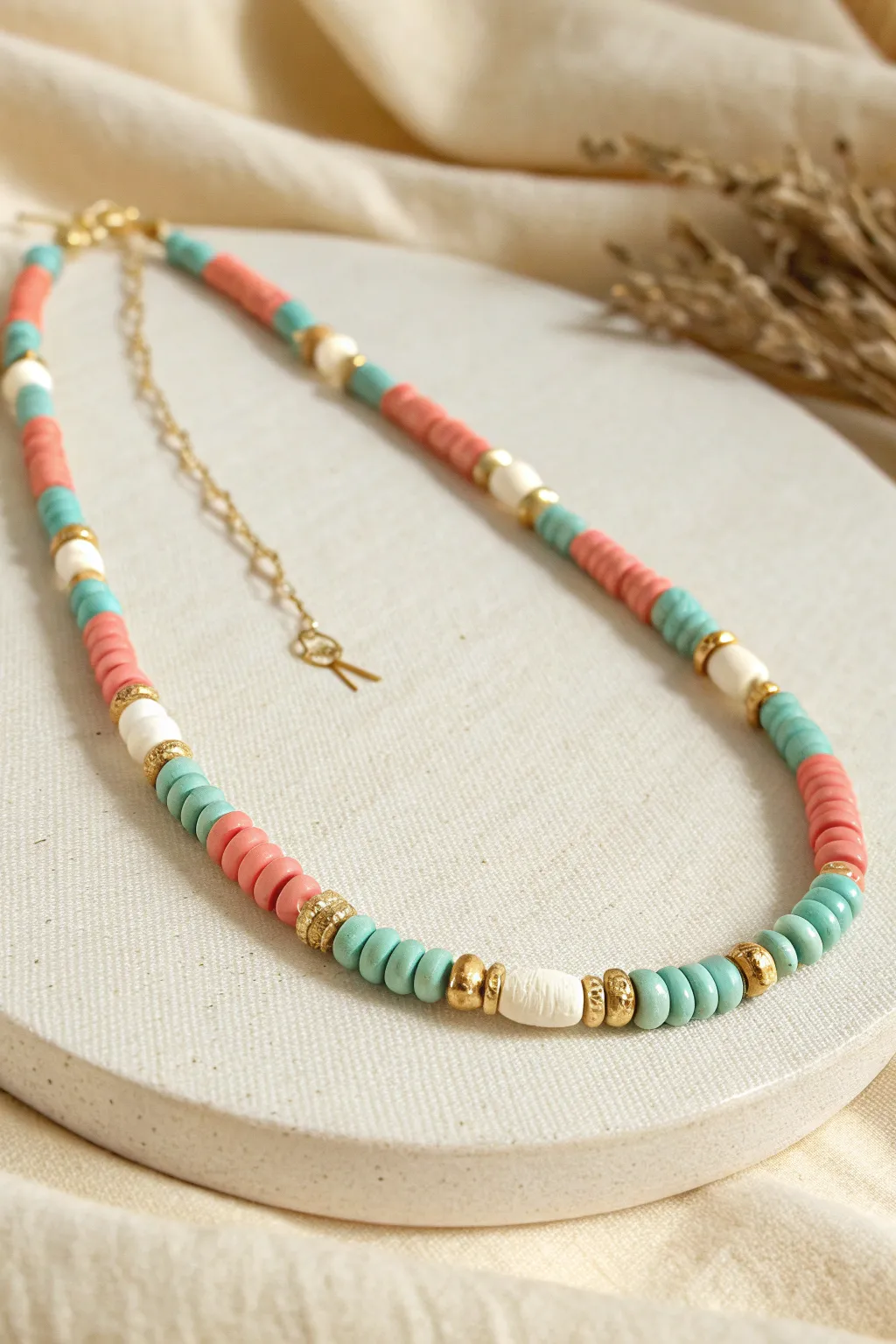Linked heishi segments in coral and aqua for an easy, breezy summer clay bead necklace look