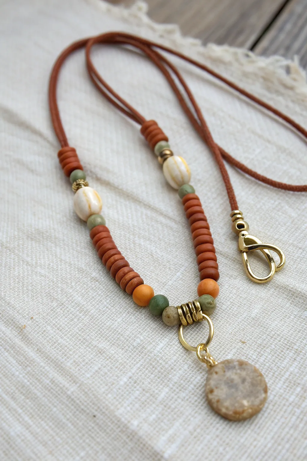Earthy heishi bead wristlet with a simple pendant charm for effortless boho phone style