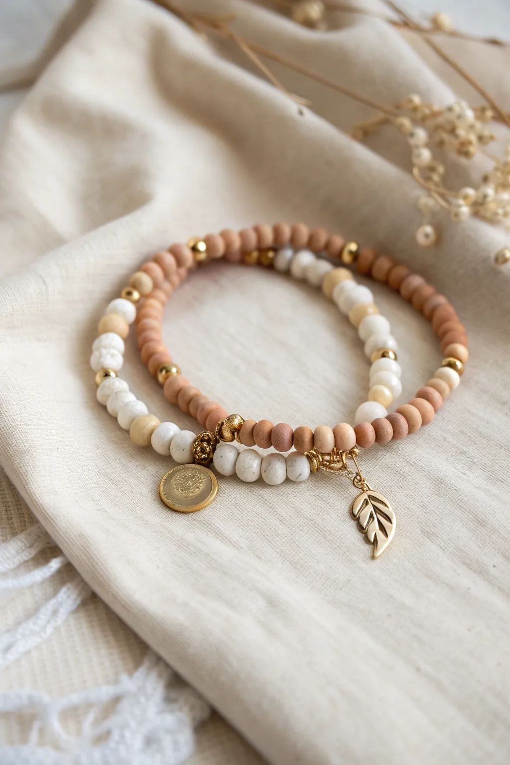 Tiny clay bead dangle bracelet moment, softly stacked with simple bands for a minimalist boho look.