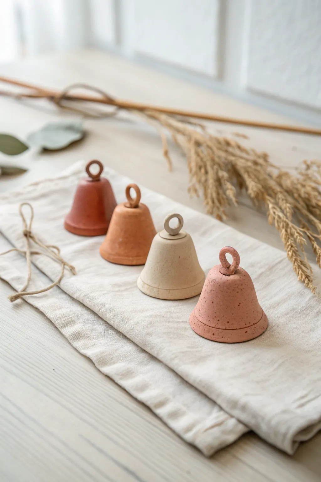 Minimalist mini clay bell ornament set in soft neutrals for cozy Scandinavian style decor