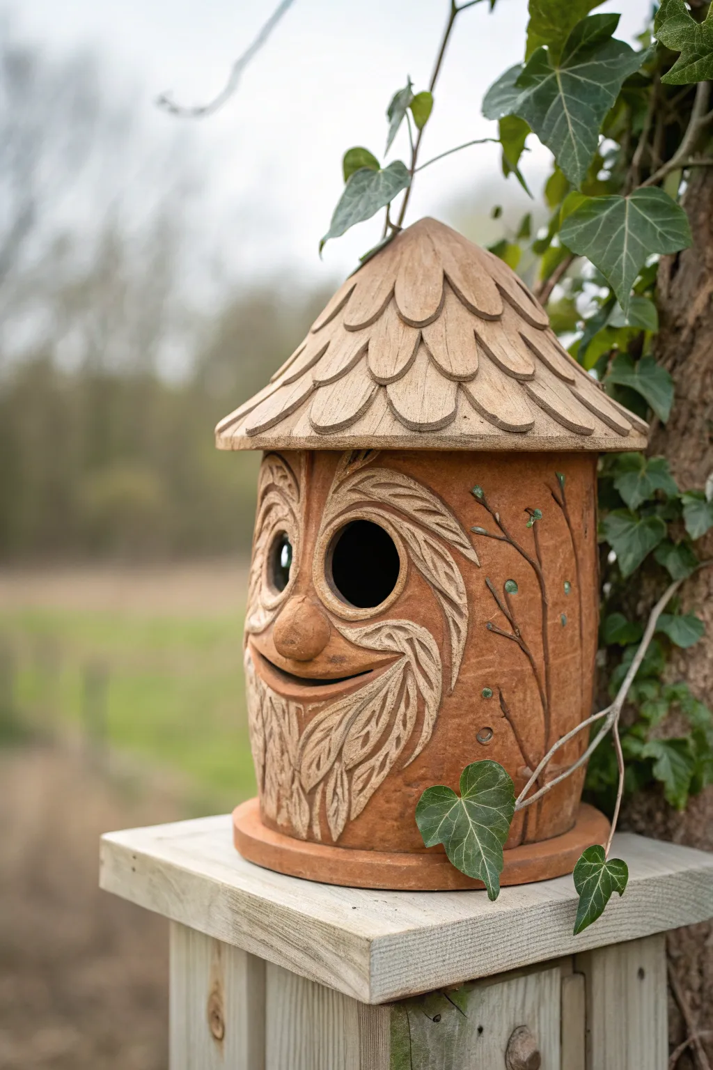 Whimsical clay tree-face birdhouse with a simple mouth entrance, cozy boho woodland charm.