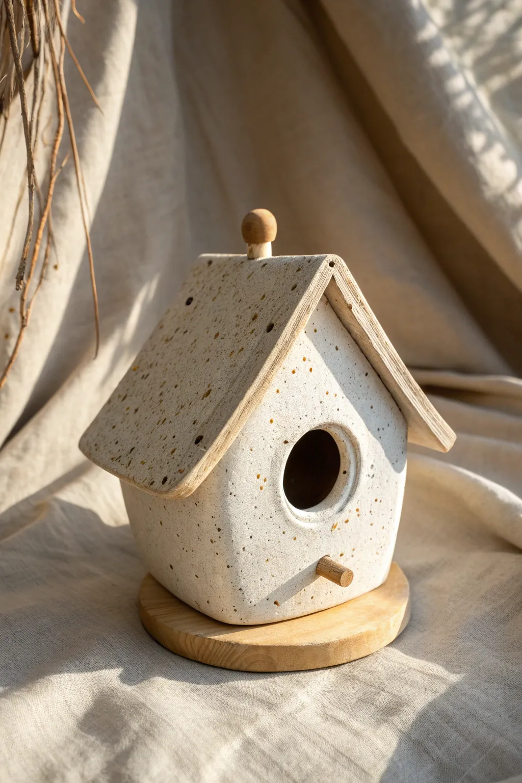 Simple clay birdhouse with two perch options: nub perch and dowel hole, in calm neutral tones.