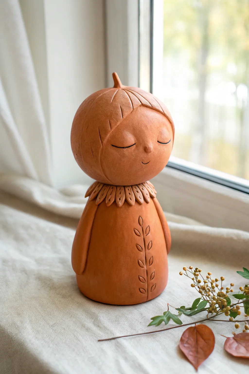 Pumpkin patch clay bobblehead with a leafy collar, warm orange tones and cozy minimal styling.