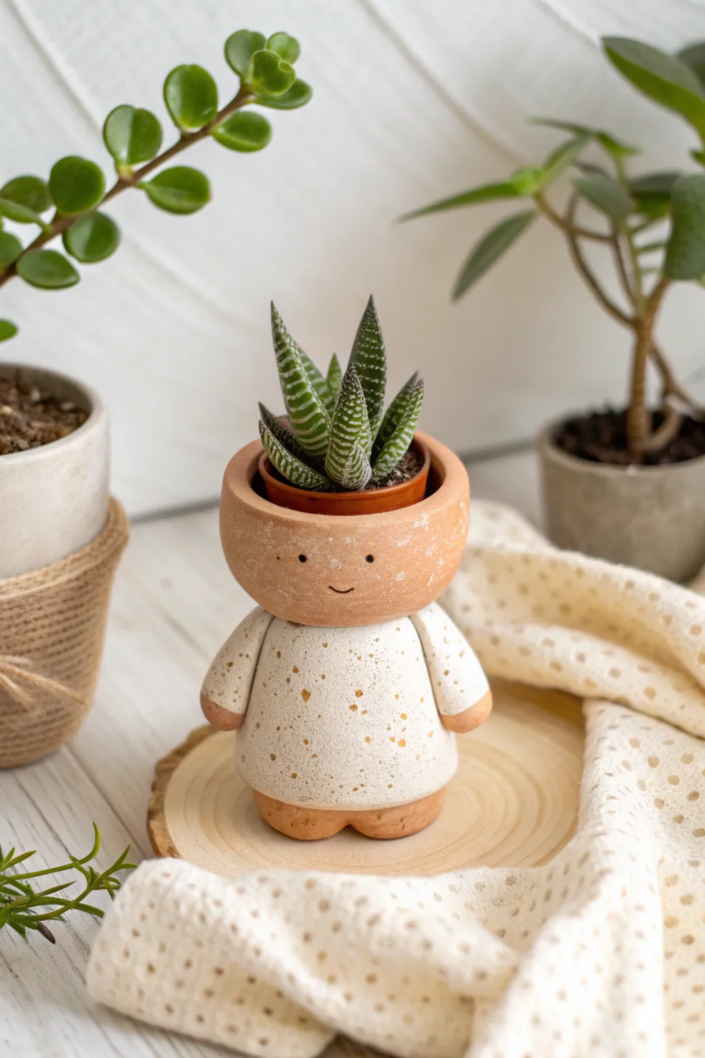 Minimal clay plant head bobblehead planter buddy, sweet and simple with cozy Scandinavian charm