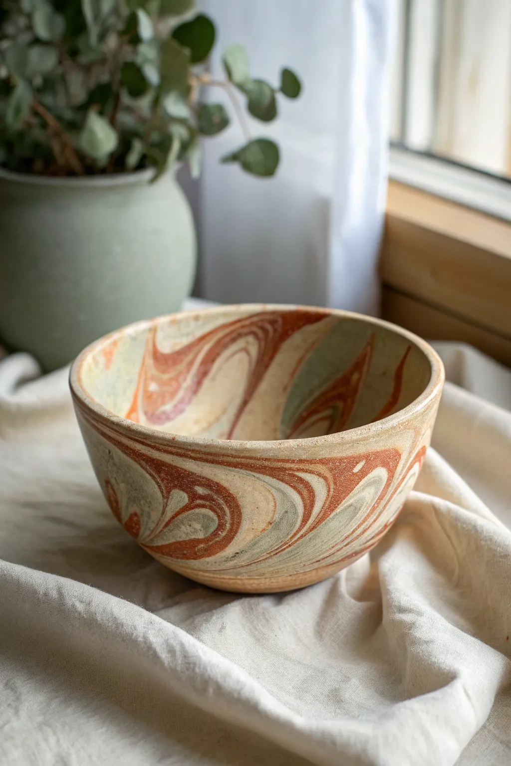 Marbled coil-built swirl bowl in soft earthy tones, minimalist styling, and a beautifully handmade finish.