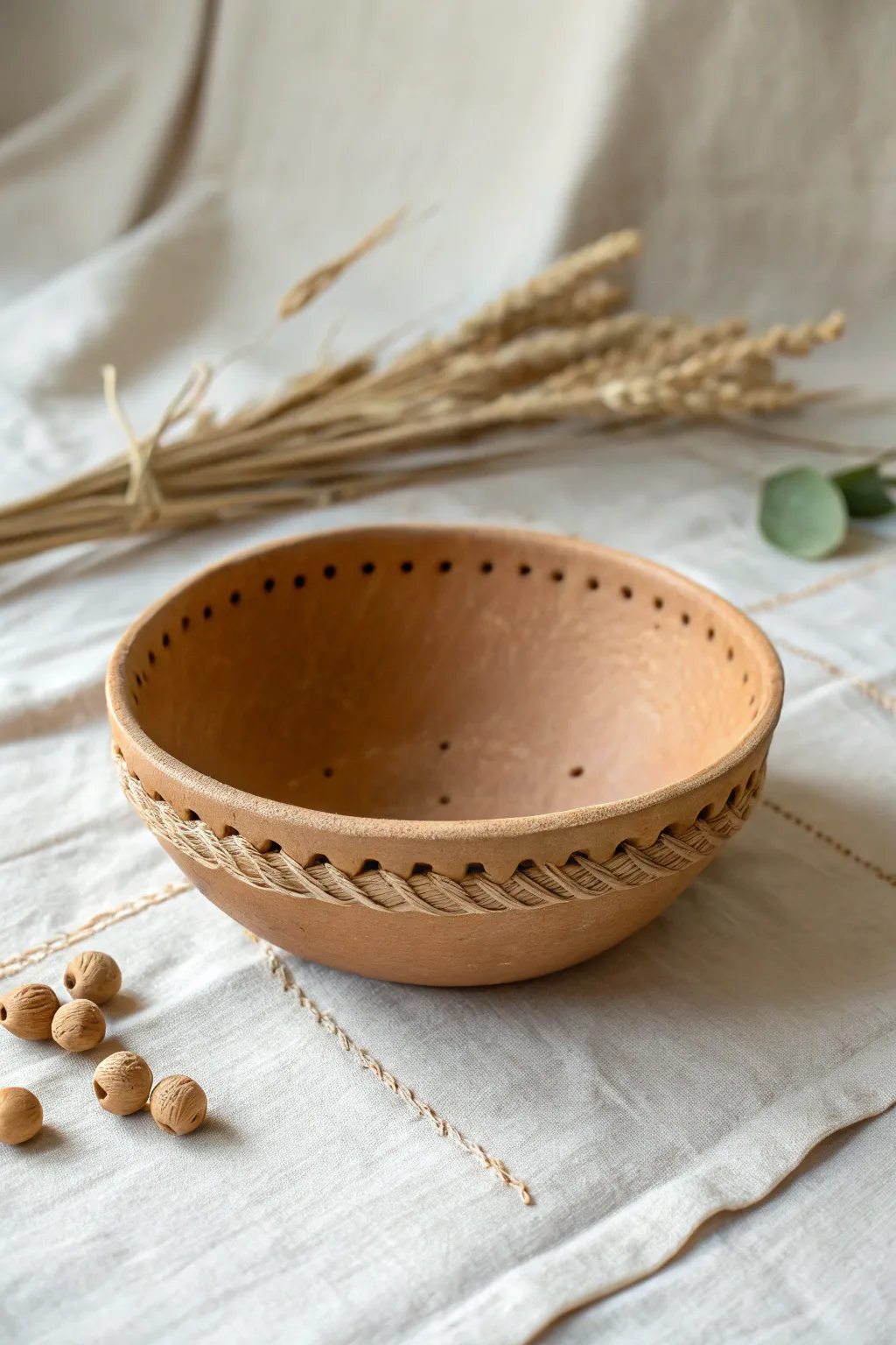 Pierced rim clay bowl laced with raffia for an easy, earthy mixed material finish