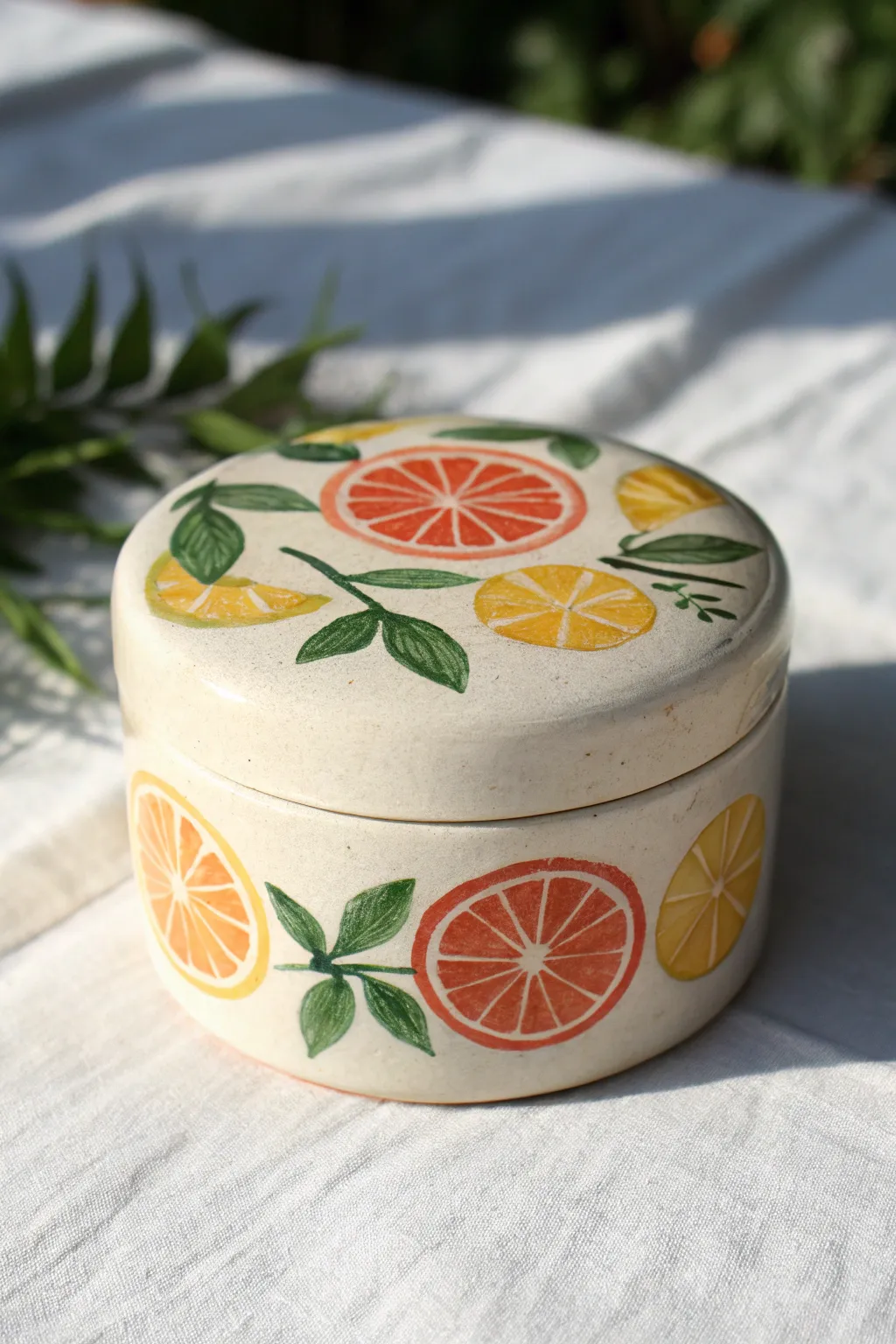 A sweet fruit-slice lid clay box design that adds a cheerful pop of color to minimal decor.