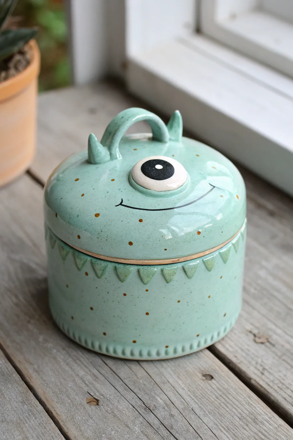 Goofy monster clay box with a big-eye lid handle and tiny teeth, cute and minimalist.
