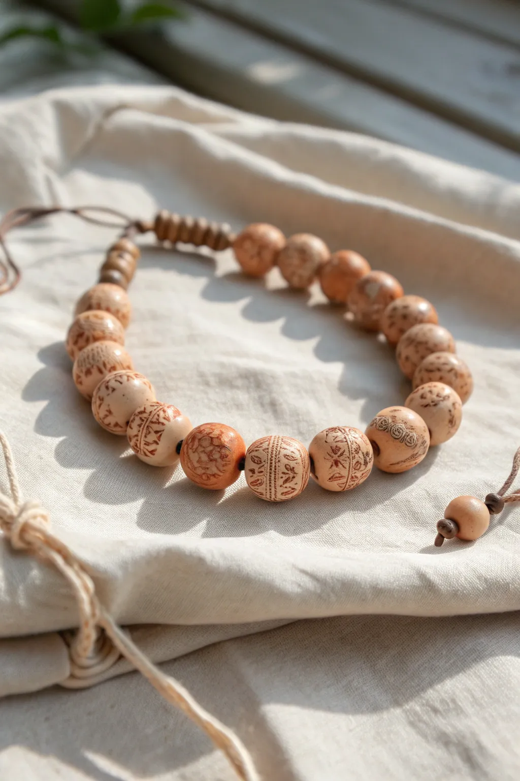 Stamped air-dry clay bead bracelet with rustic texture on linen, minimal and warmly handmade