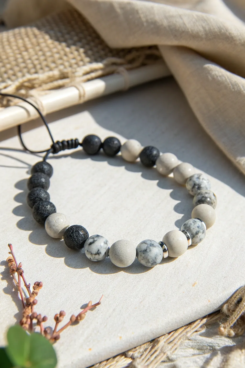 Minimal boys clay bracelet with faux marble beads and matte discs, Scandinavian boho vibe.
