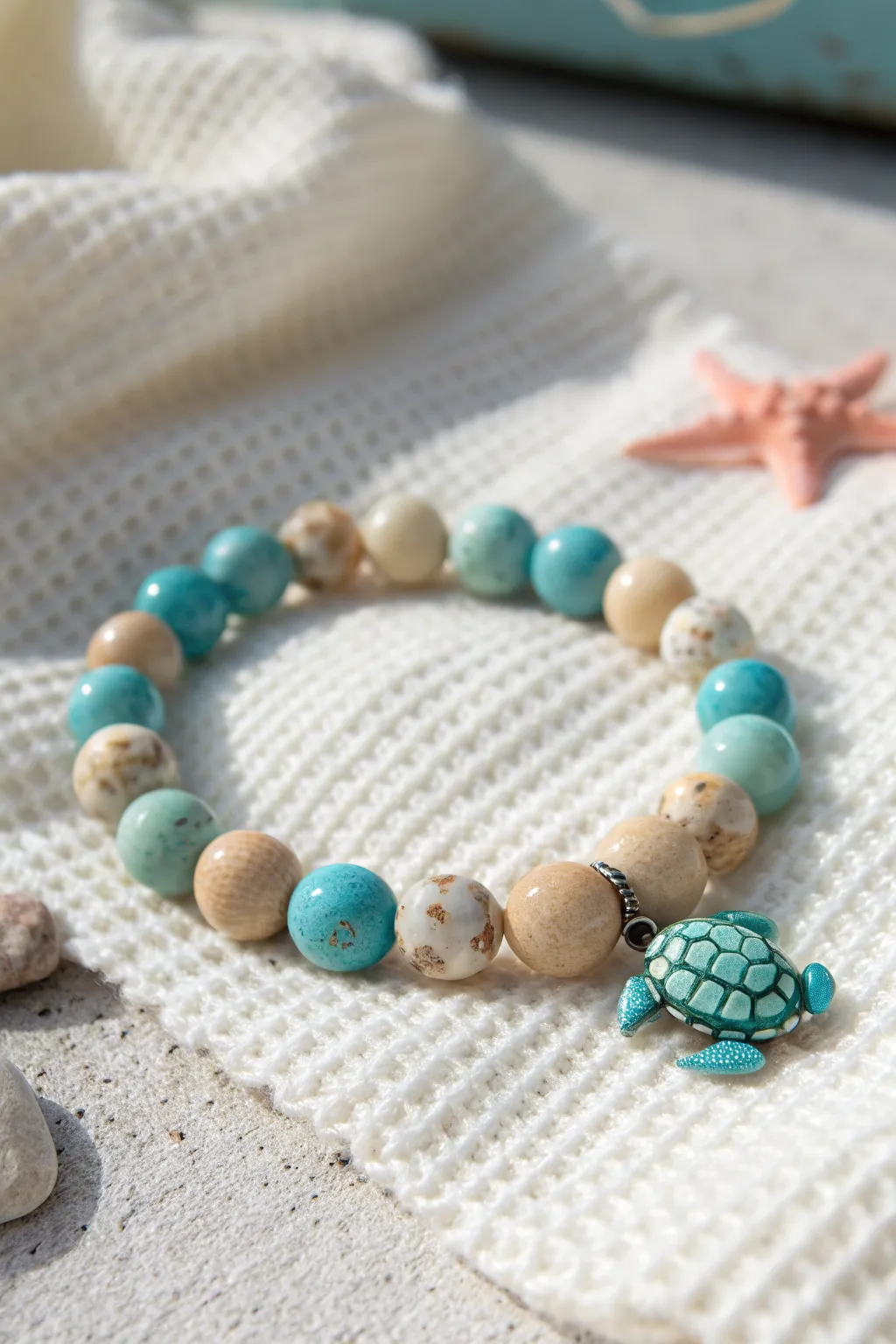 Ocean girl clay bracelet in aqua and sand tones with a cute turtle or starfish charm