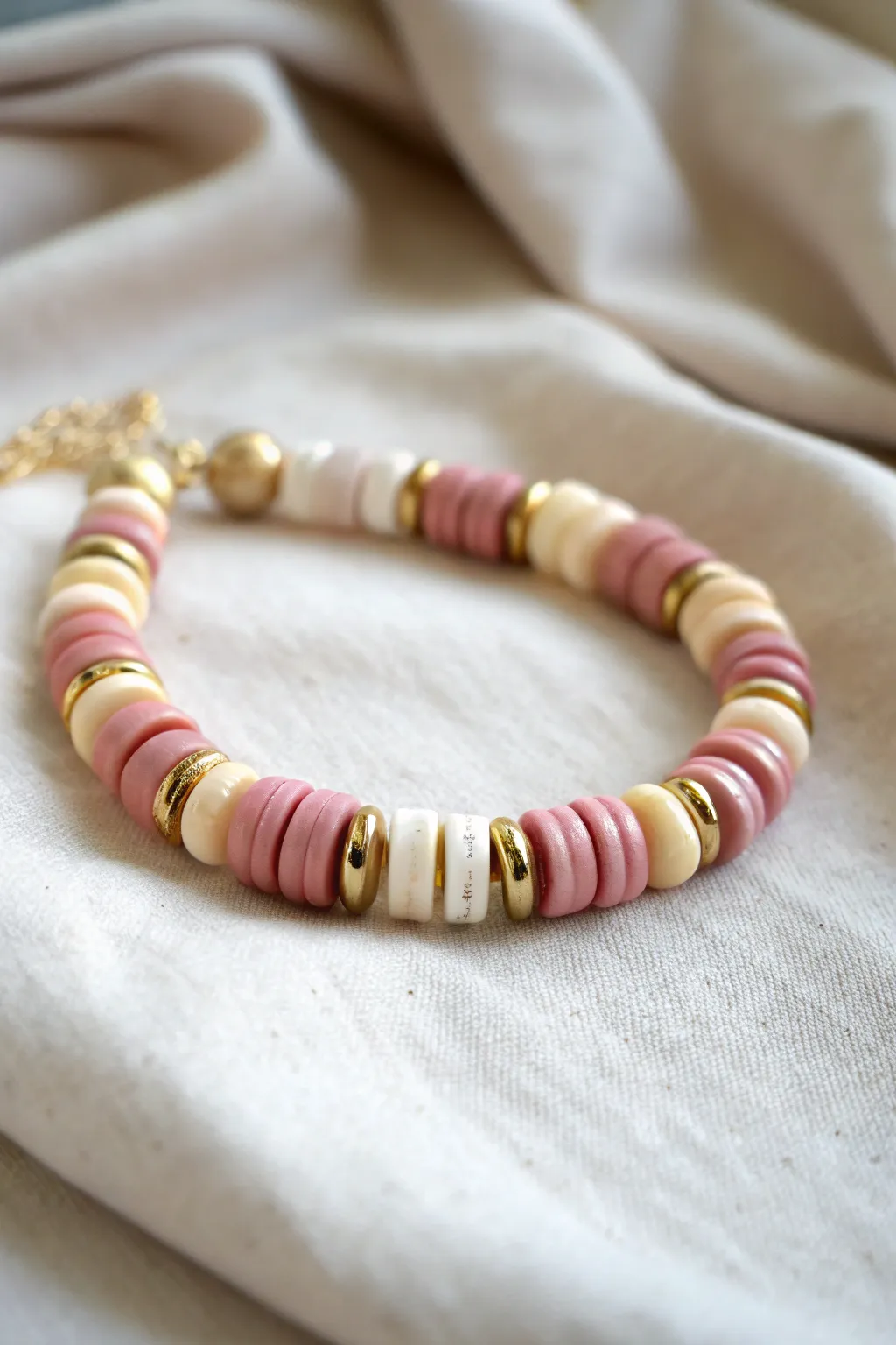 Marbled polymer clay disc bead bracelet in blush and ivory, simple and chic for everyday wear.