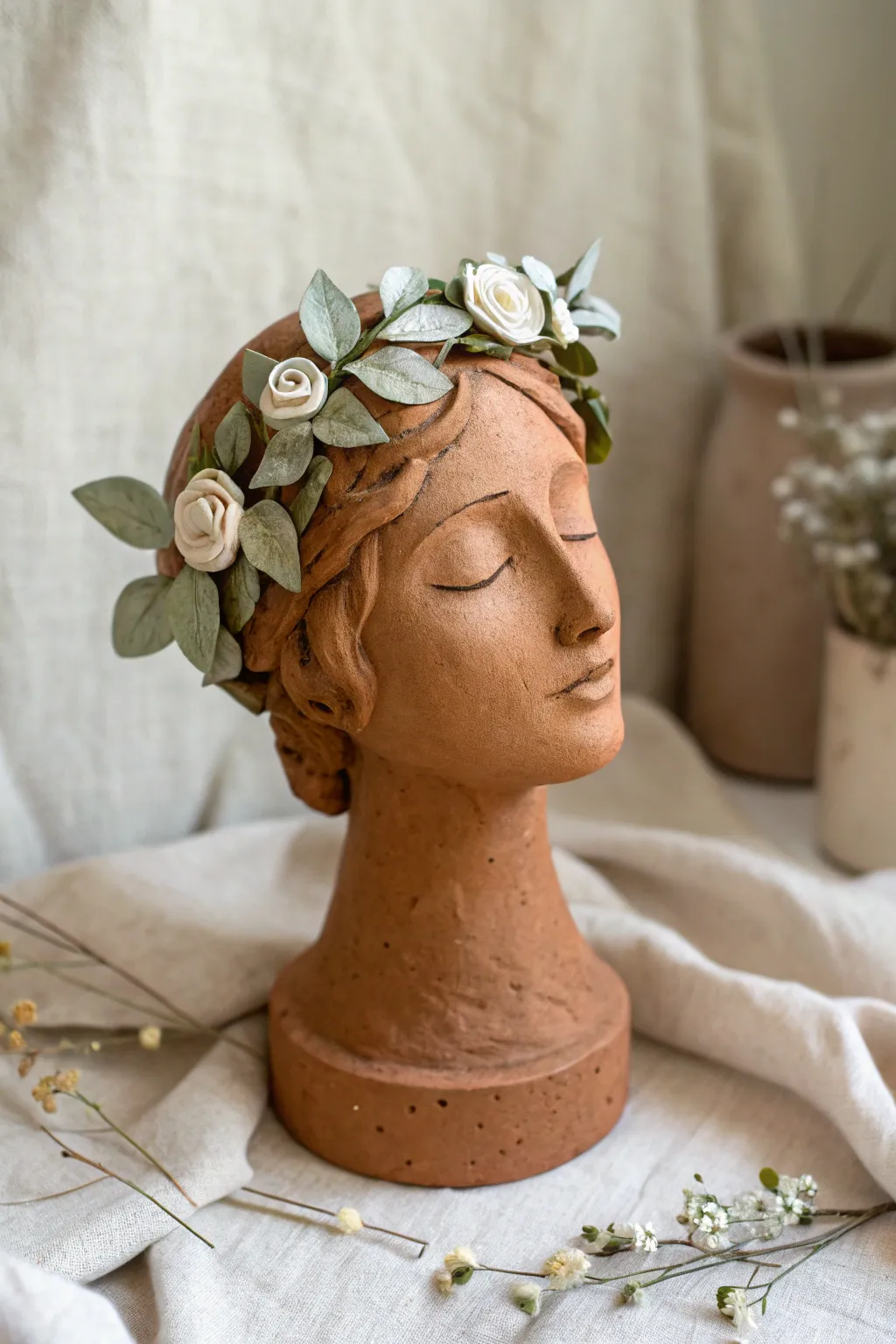Botanical clay bust with leafy hair and soft blooms in earthy, minimalist Scandinavian style