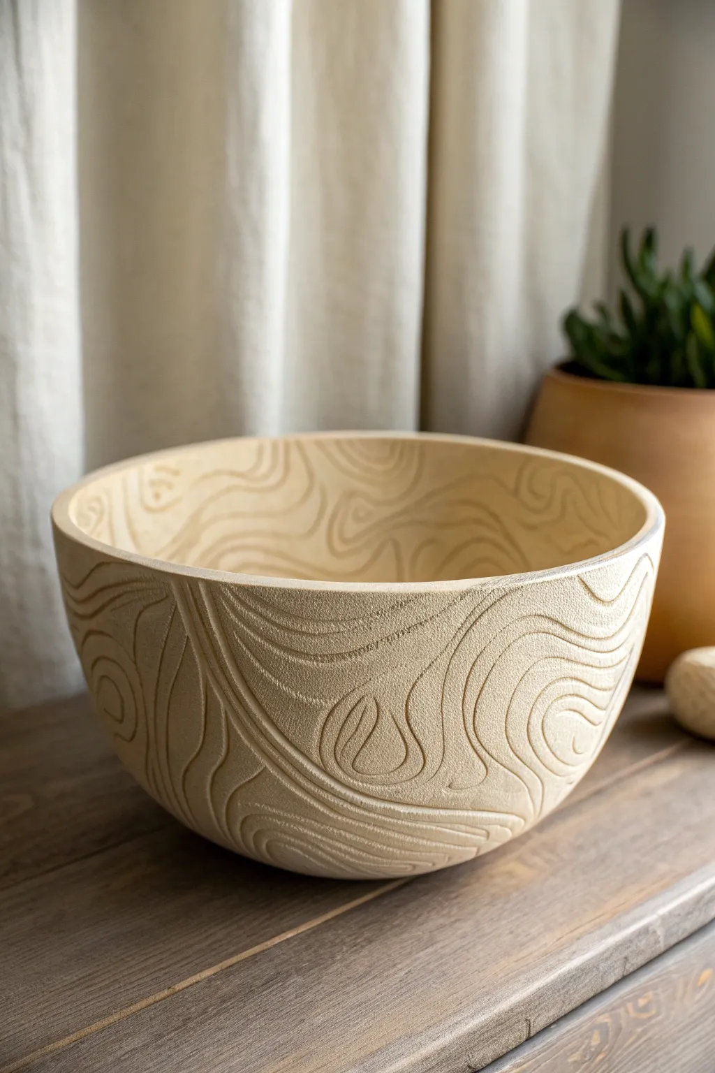 Wide carved bowl with topographic contour lines, minimalist and earthy with beautiful contrast