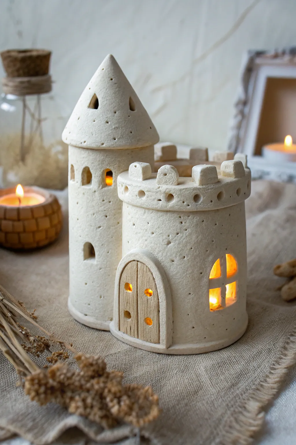 Minimal clay castle lantern glowing warmly through windows, a dreamy boho accent for cozy nights