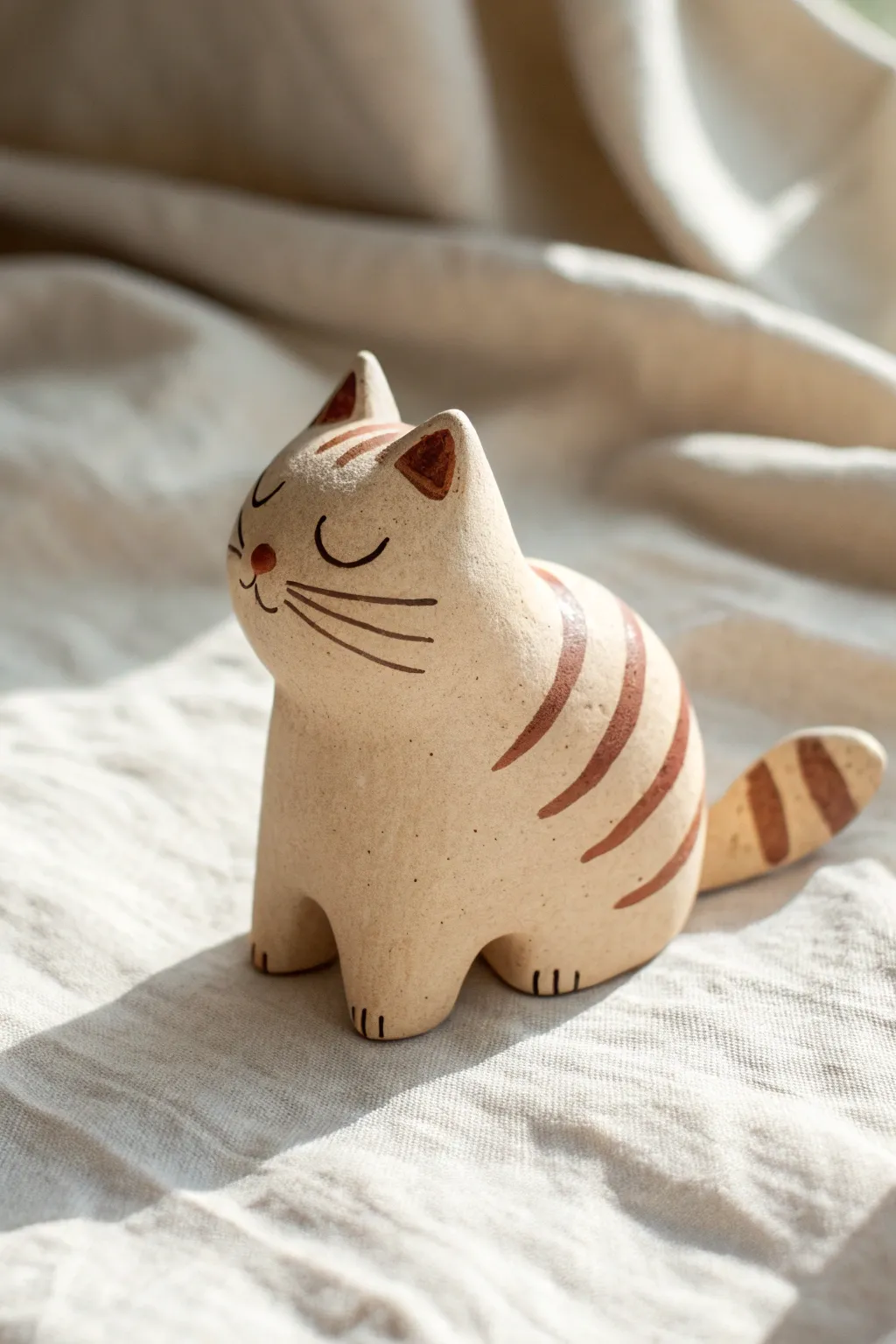 Minimal tabby clay cat with bold stripes and an M shaped brow mark, perfect for beginners.