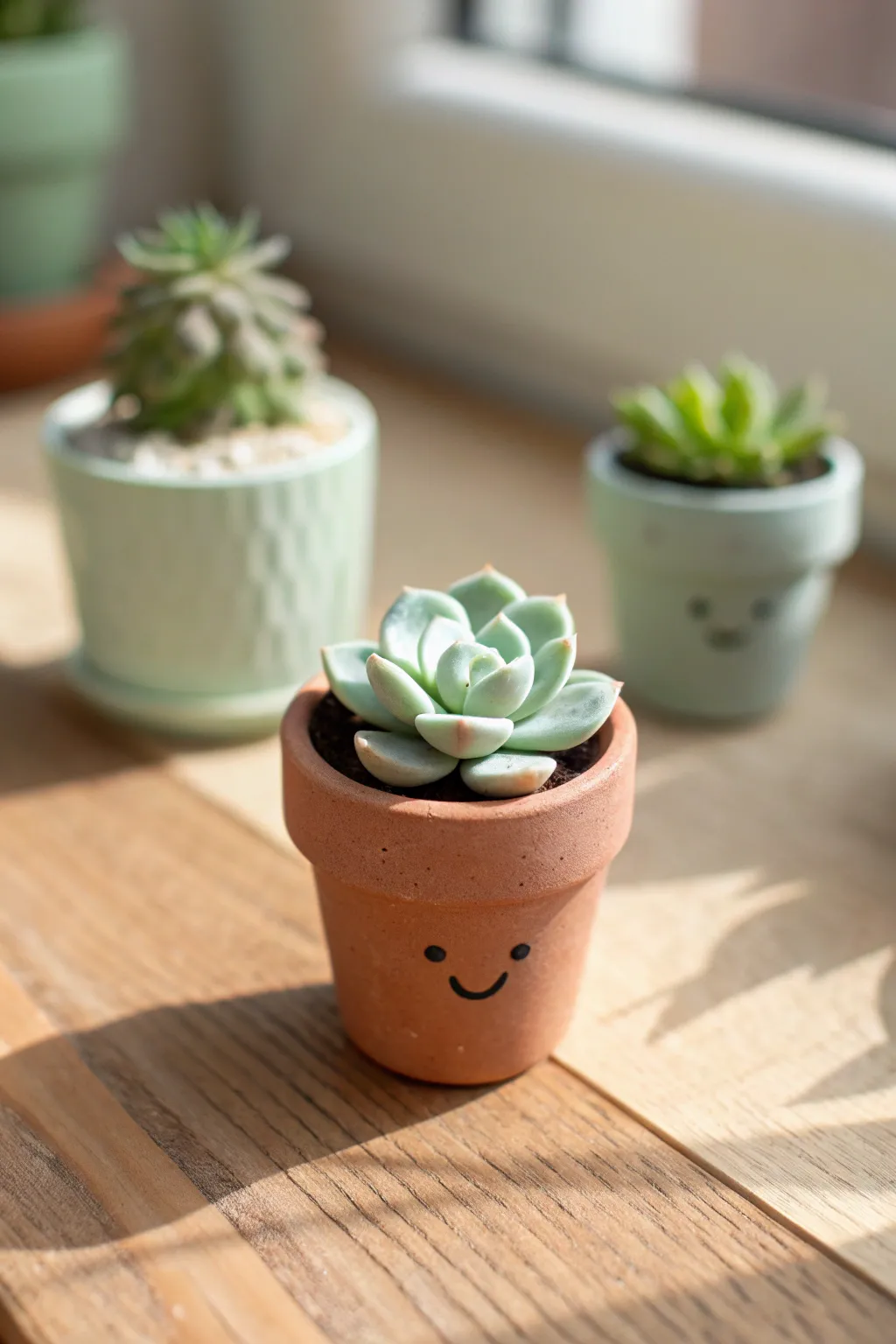 Cute smiling succulent pot charms in soft daylight, perfect minimalist boho clay idea for Pinterest.