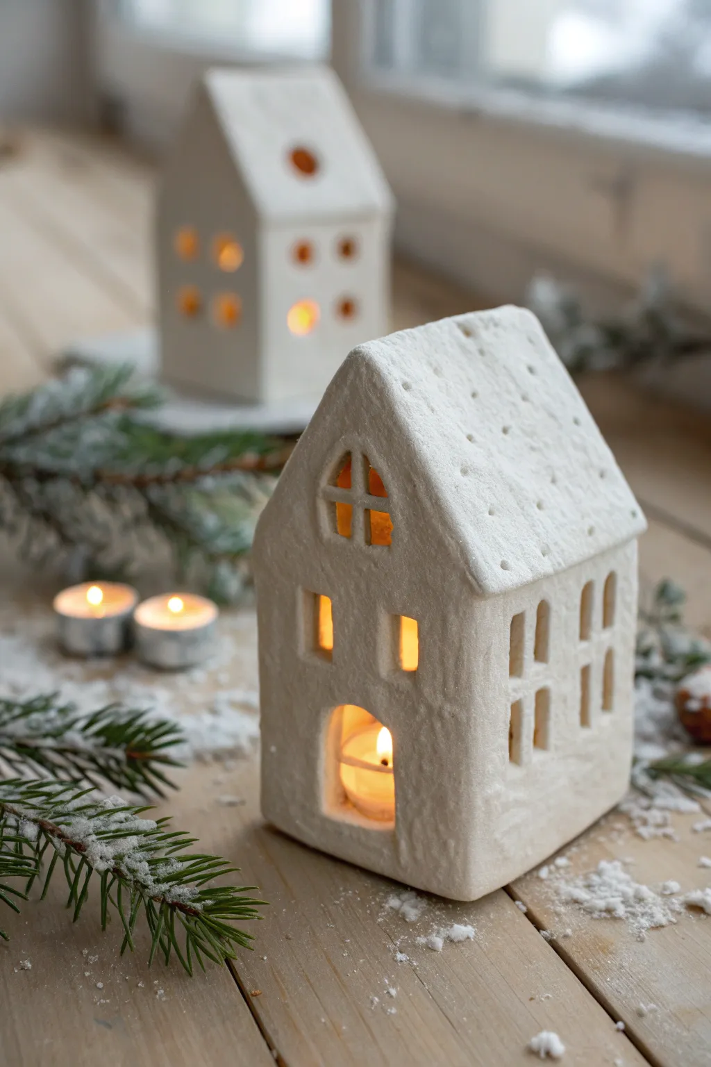 Mini clay tea light houses for a cozy Christmas village glow in soft Scandinavian style