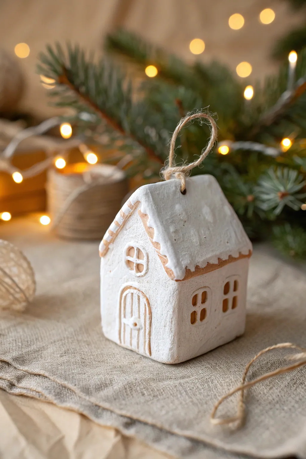 Snow-dusted mini clay house ornament, minimalist and cozy, perfect for a Christmas village display.