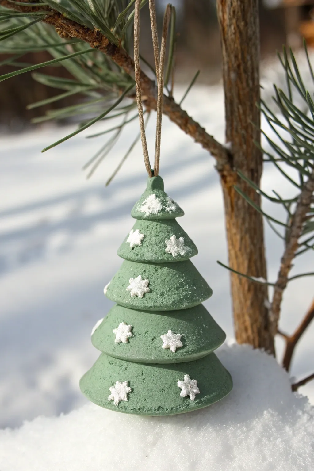Simple frosted clay Christmas tree with snowy texture, Scandinavian calm for cozy winter decor.