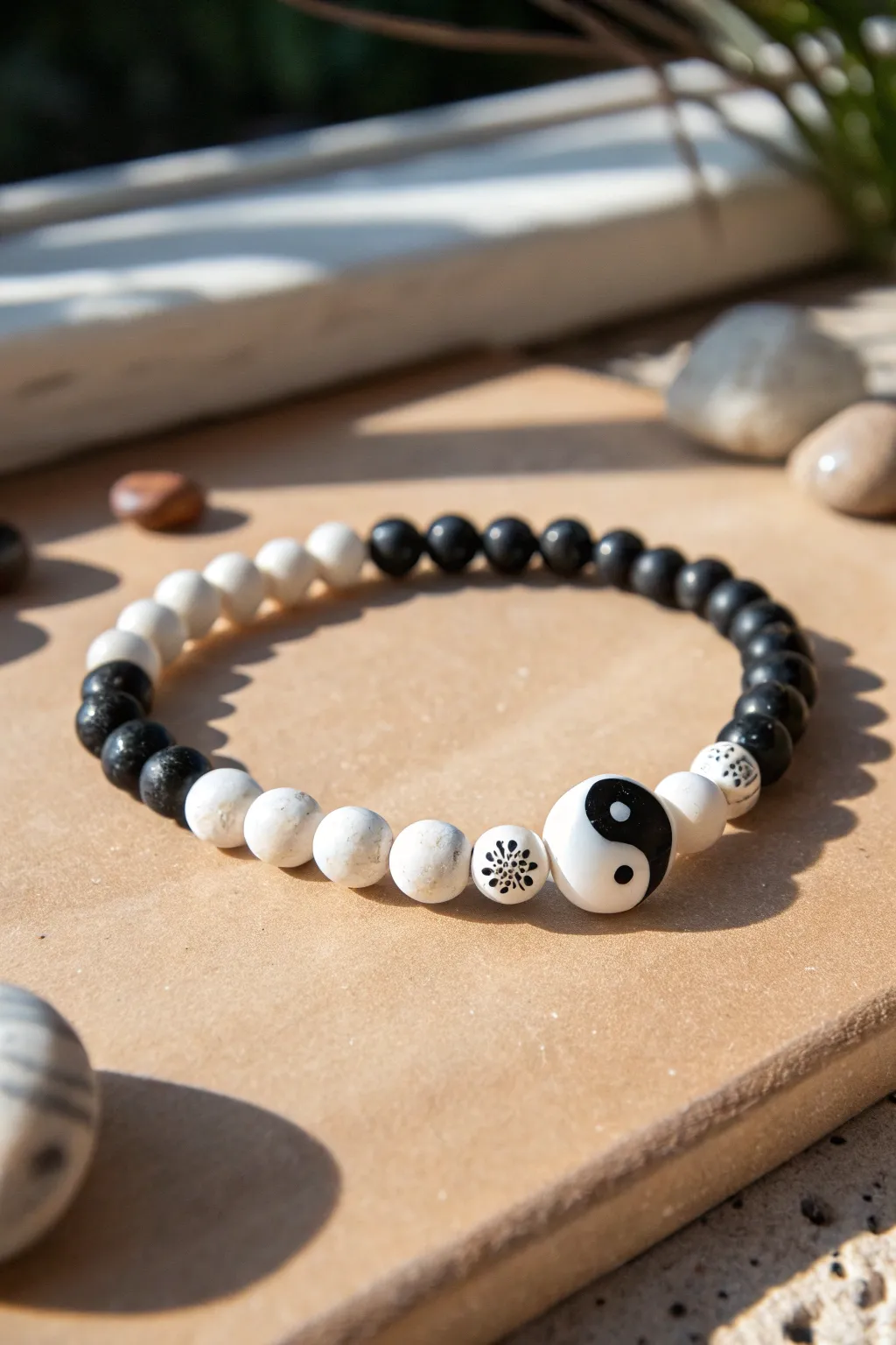 Minimal yin-yang heishi bead bracelet in bold black and white, cleanly styled for calm contrast