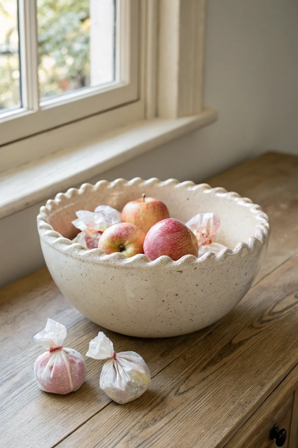 Soft wavy-edge pottery bowl with a simple glaze, styled with fruit for effortless serving.
