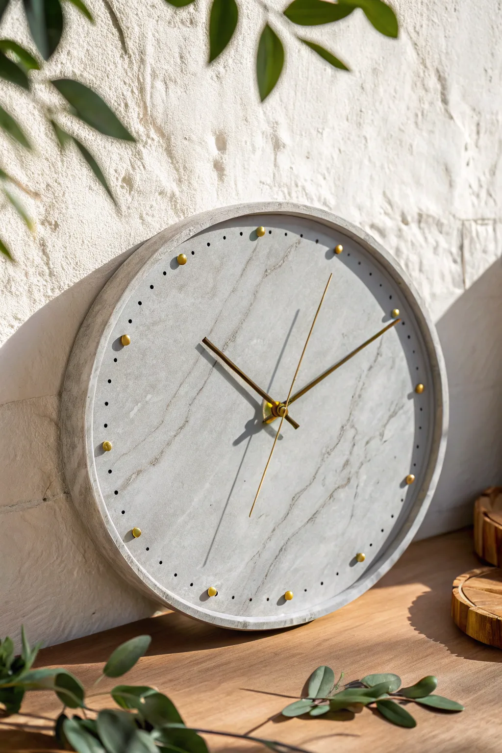 Minimal faux-stone clay clock in soft gray with calm dot markers for a serene Scandinavian vibe