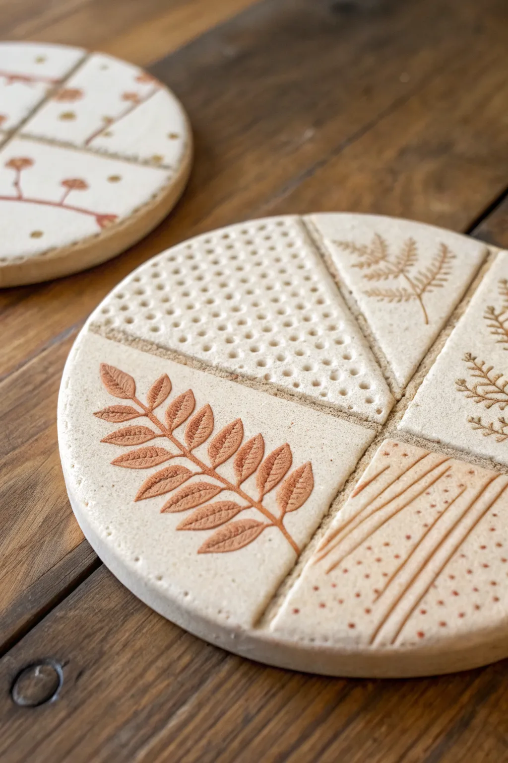 Patchwork texture collage clay coaster in soft neutrals, minimalist and boho with crisp contrast