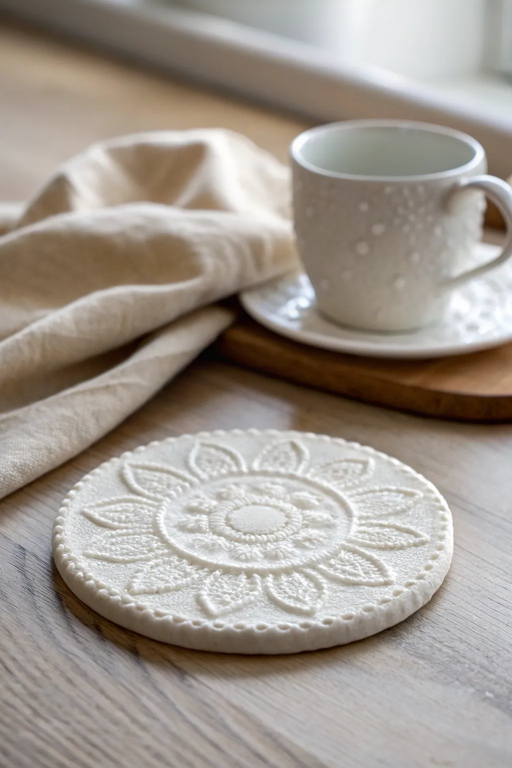 Romantic lace-impressed clay coaster in creamy matte tones, softly styled with linen and tea.