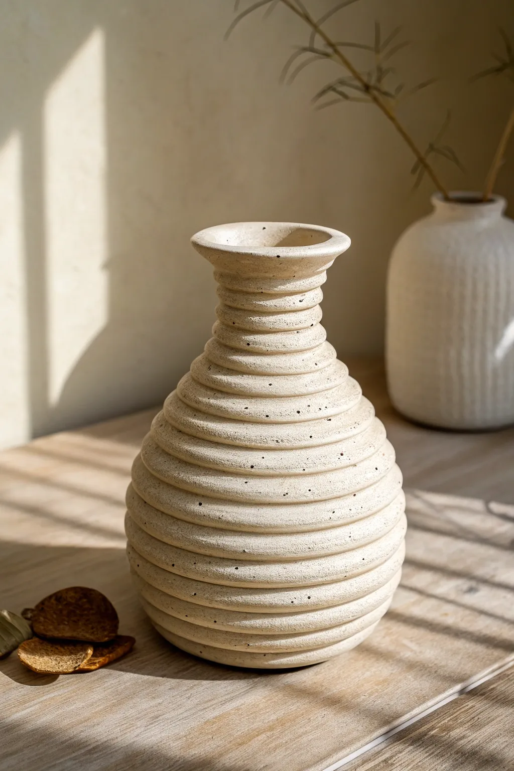 Wavy stacked clay coils create soft ripple texture for a calm, modern minimalist vase.