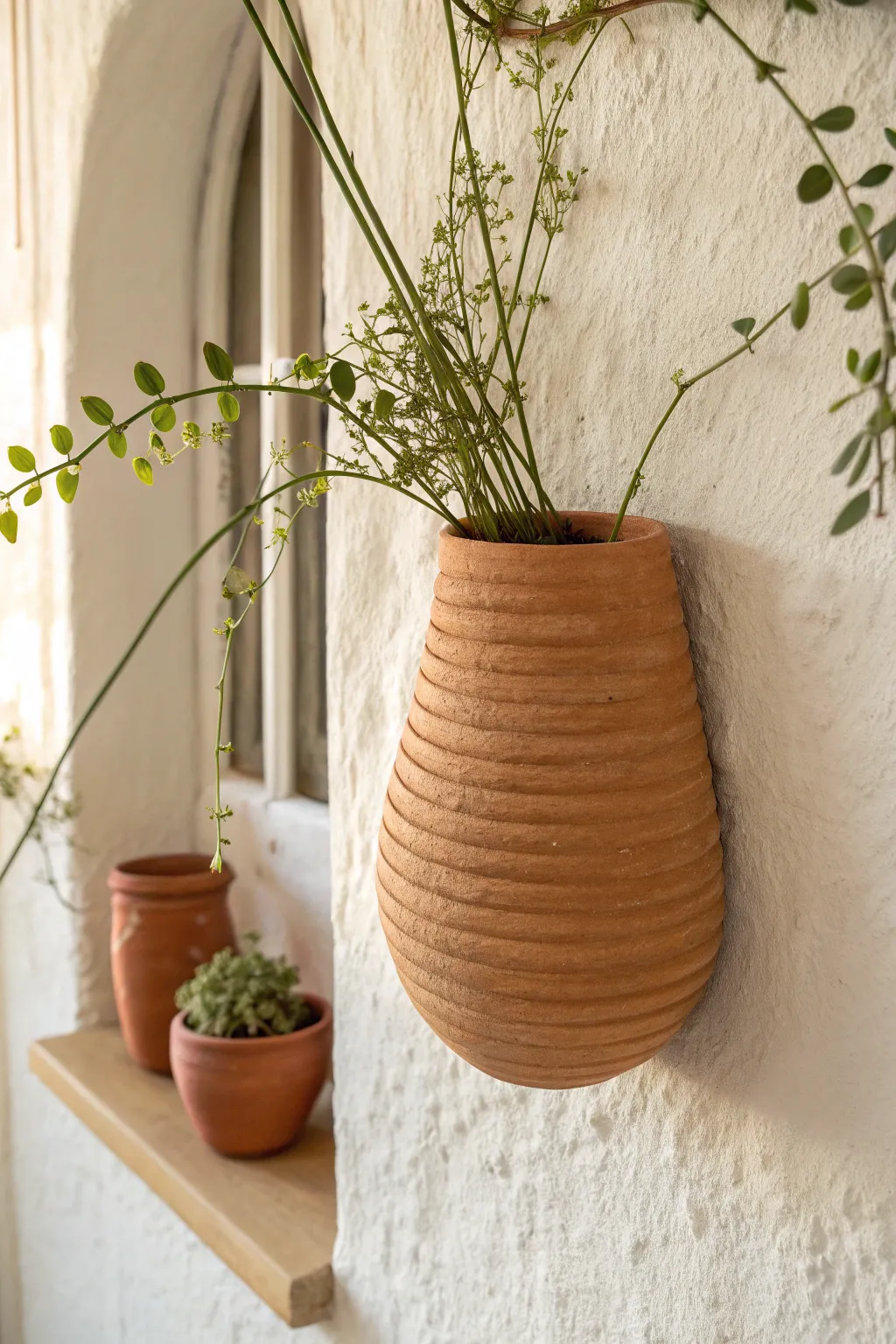 Minimal coil wall pocket vase in earthy terracotta, softly lit with trailing greenery